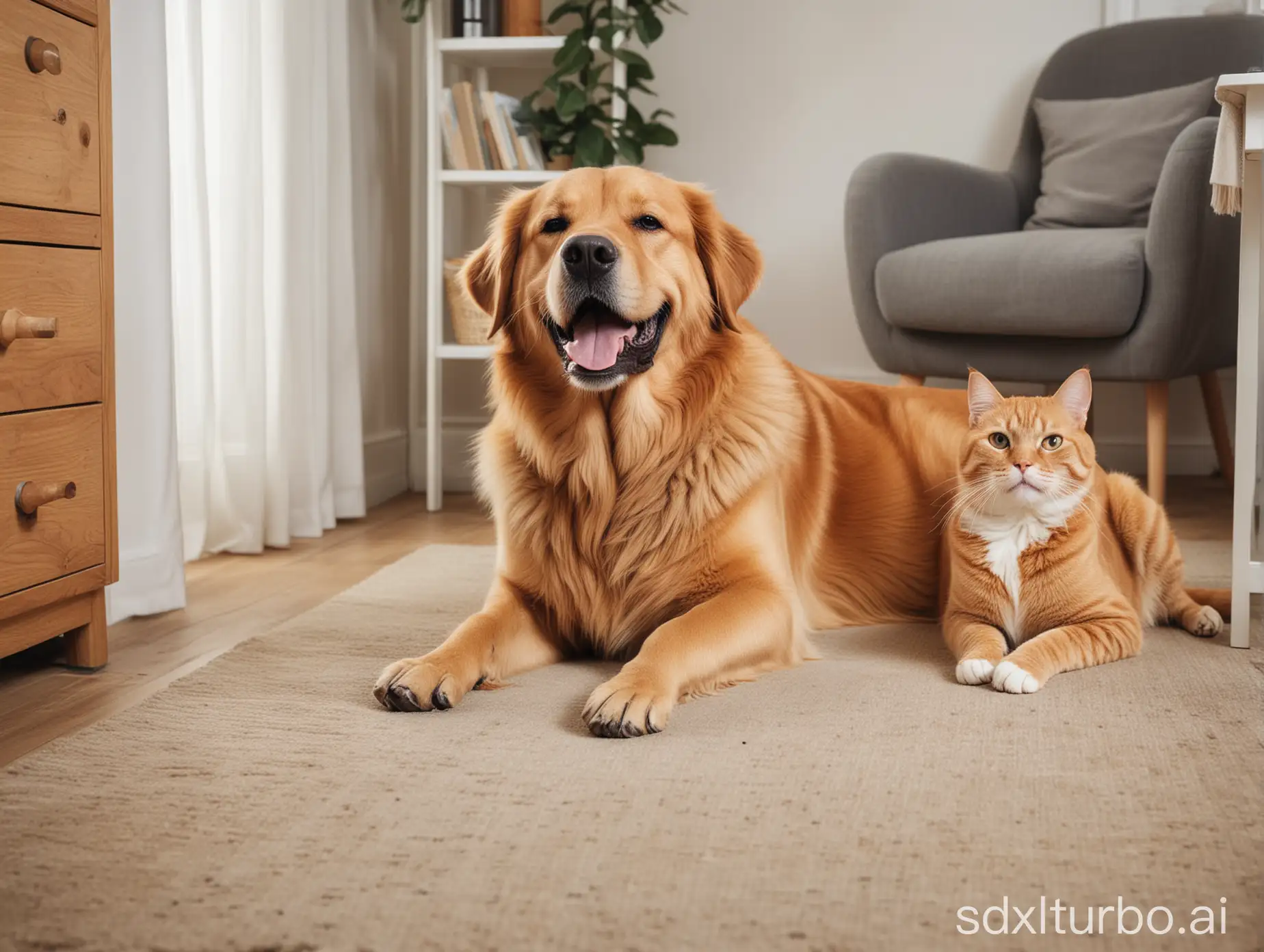 A big happy dog next to a happy cat on the floor of a cosy room