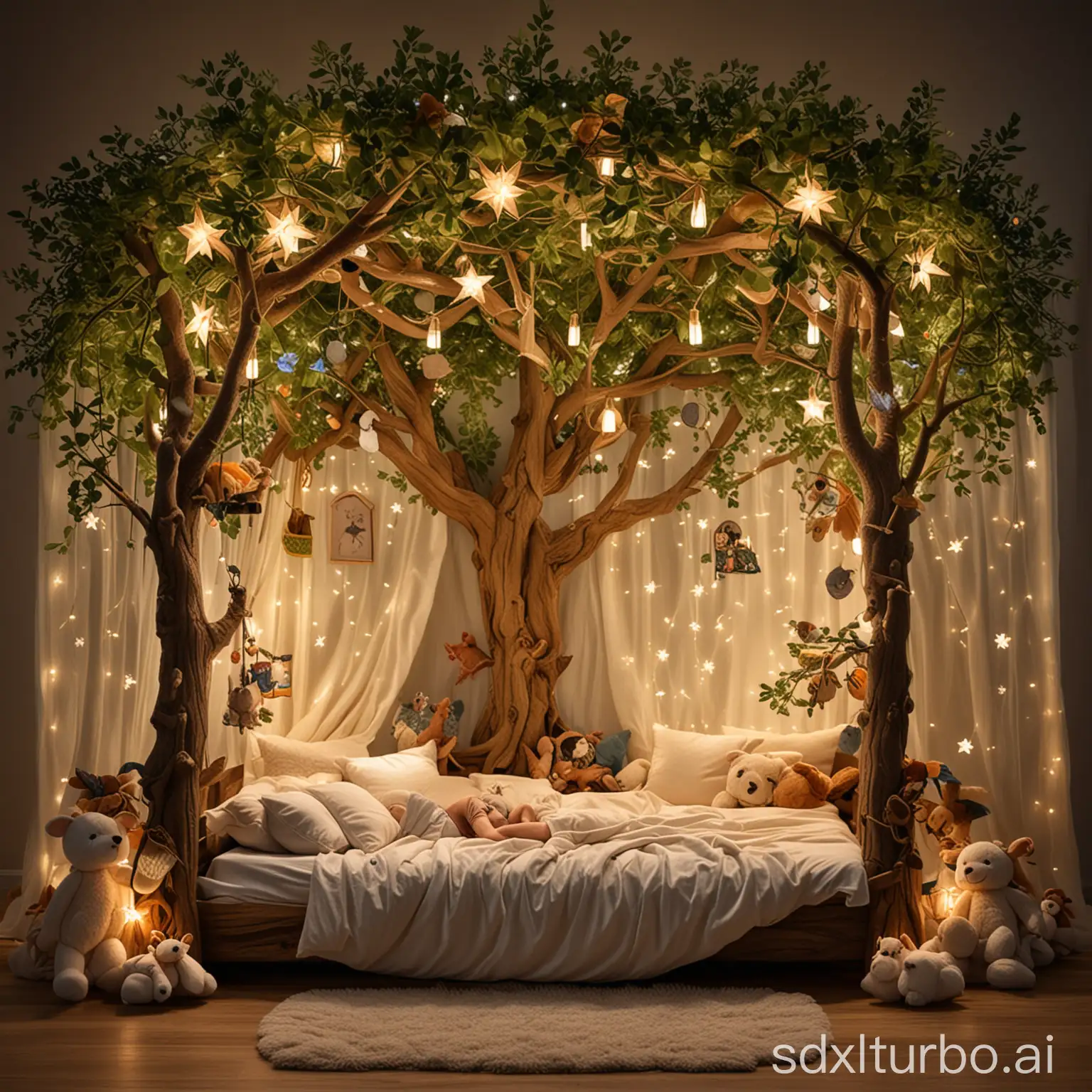 A boy is sleeping in a bed designed like a treehouse. Surrounded by plush animals and soft pillows shaped like leaves and flowers, he dreams of adventures in the magical fairy tale forest. LED star lights twinkle above him, attached to the branches.