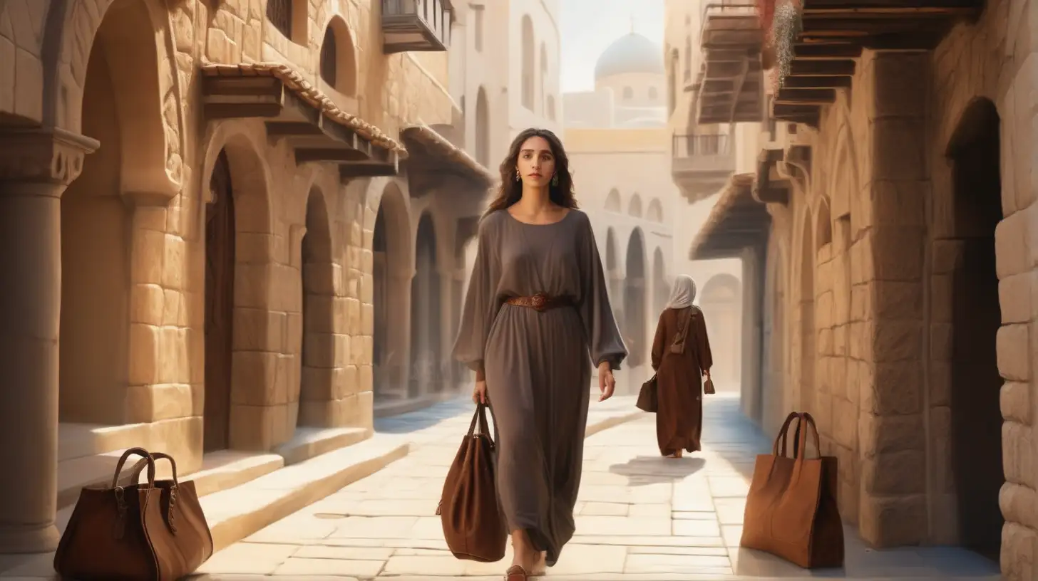 epoque biblique, une très belle femme hébreu de face marche dans une rue d'une belle ville hébreu, robe à manches longues, un petit sac en cuir marron se trouve sur le sol