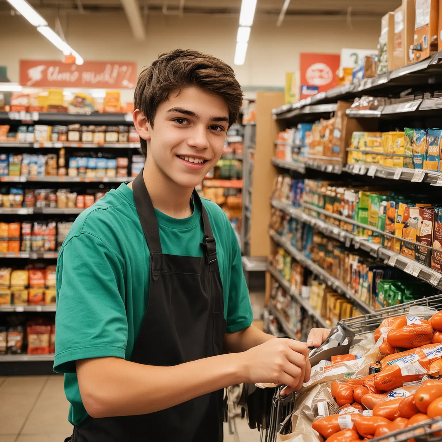 Teen Boy Working at a Grocery Store Busy with Produce