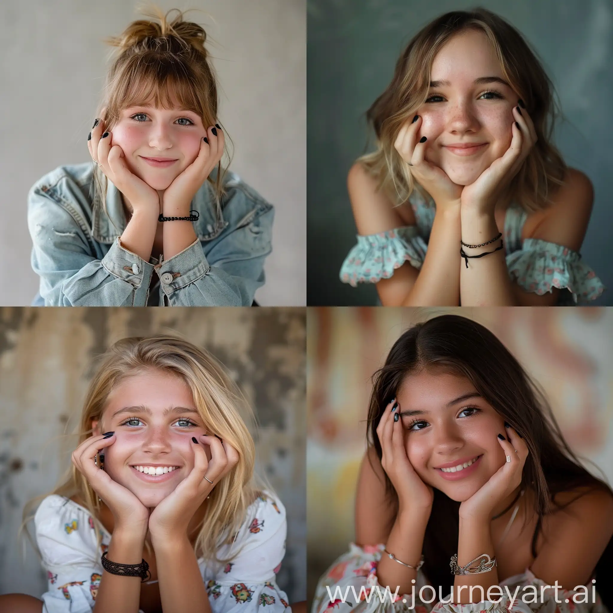 Photo: Portrait of 18 year old teenage girl, picture day, cute clothes, smiling, professional,  years old, hands on face, black nail polish, tomboyish