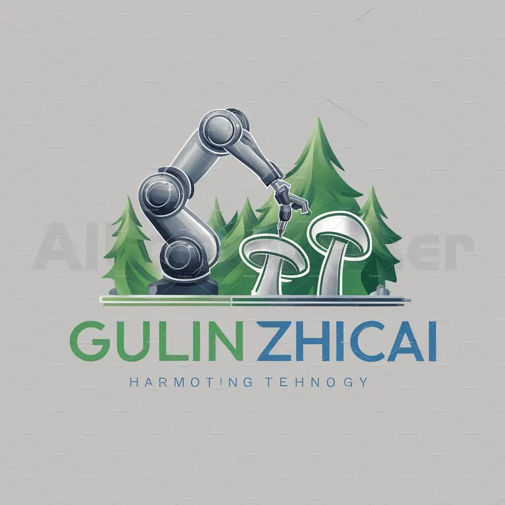 a logo design,with the text "Gulin Zhicai", main symbol:Subject: Design a simple and tech-savvy graphic, such as a robotic arm, made of lines, picking double mushrooms. This image demonstrates the company's main technology - harvesting robots, while also implying respect and integration with nature and agriculture.nAt the end of the arm, cleverly design a mushroom outline to represent the target in an abstract way.nThe overall graphic has smooth lines, with fresh green and blue as the main colors, symbolizing the harmony between technology and nature.nnFont: Choose a clean, fast modern-style font such as 'Microsoft YaHei' or 'Source Han Sans' to emphasize the company's technological properties and international perspective.nColors should match harmoniously with the graphic's color scheme, but maintain contrast for better visual emphasis.nChoose an appropriate size and place it under or next to the graphic for a harmonious combination.,Moderate,clear background