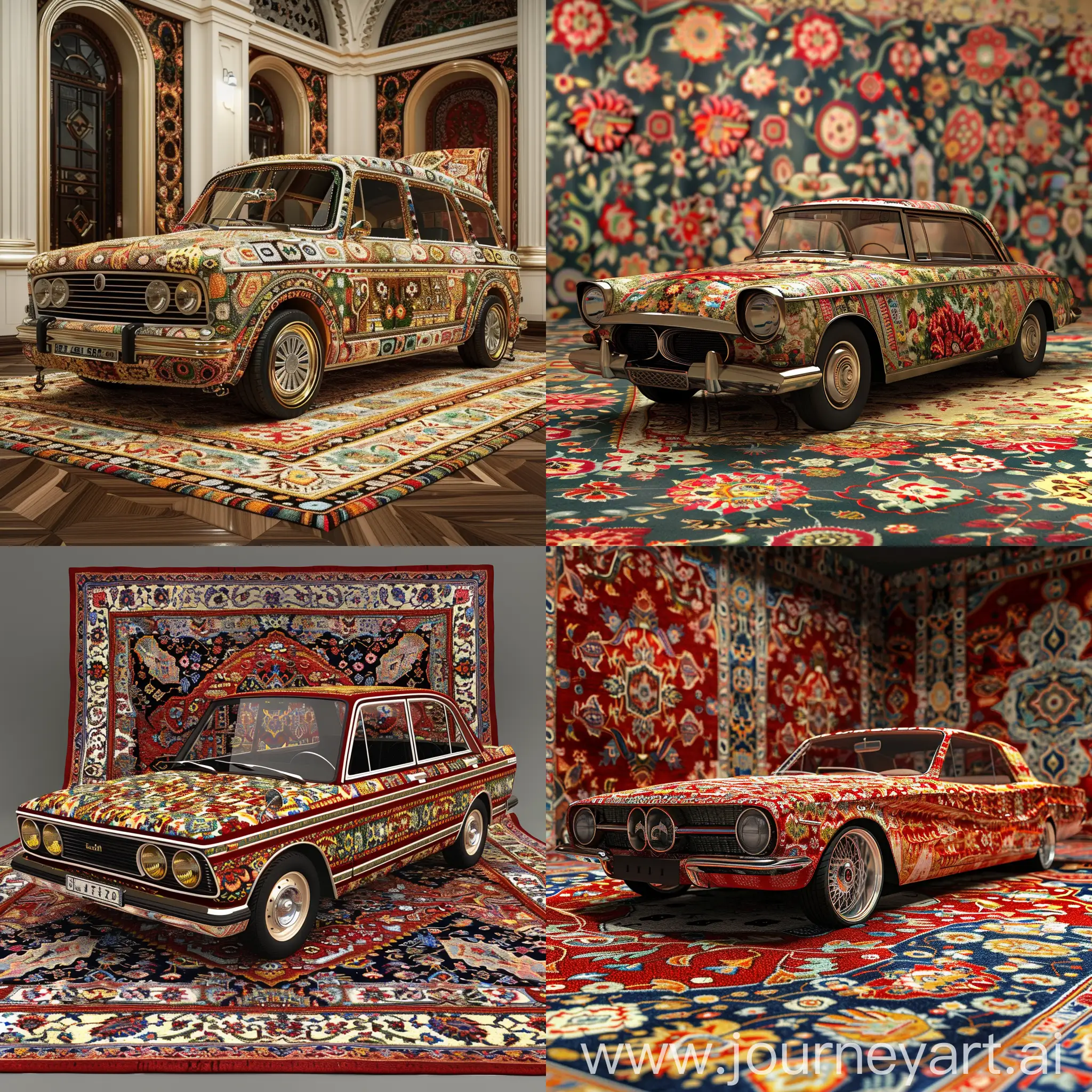 Design the smand from irankhodro  car with Iranian carpet designs in a completely natural way, the background should be Iranian carpet, very realistic, 3d, exhibition angle, there should be a design of Iranian carpet on the car and match the background