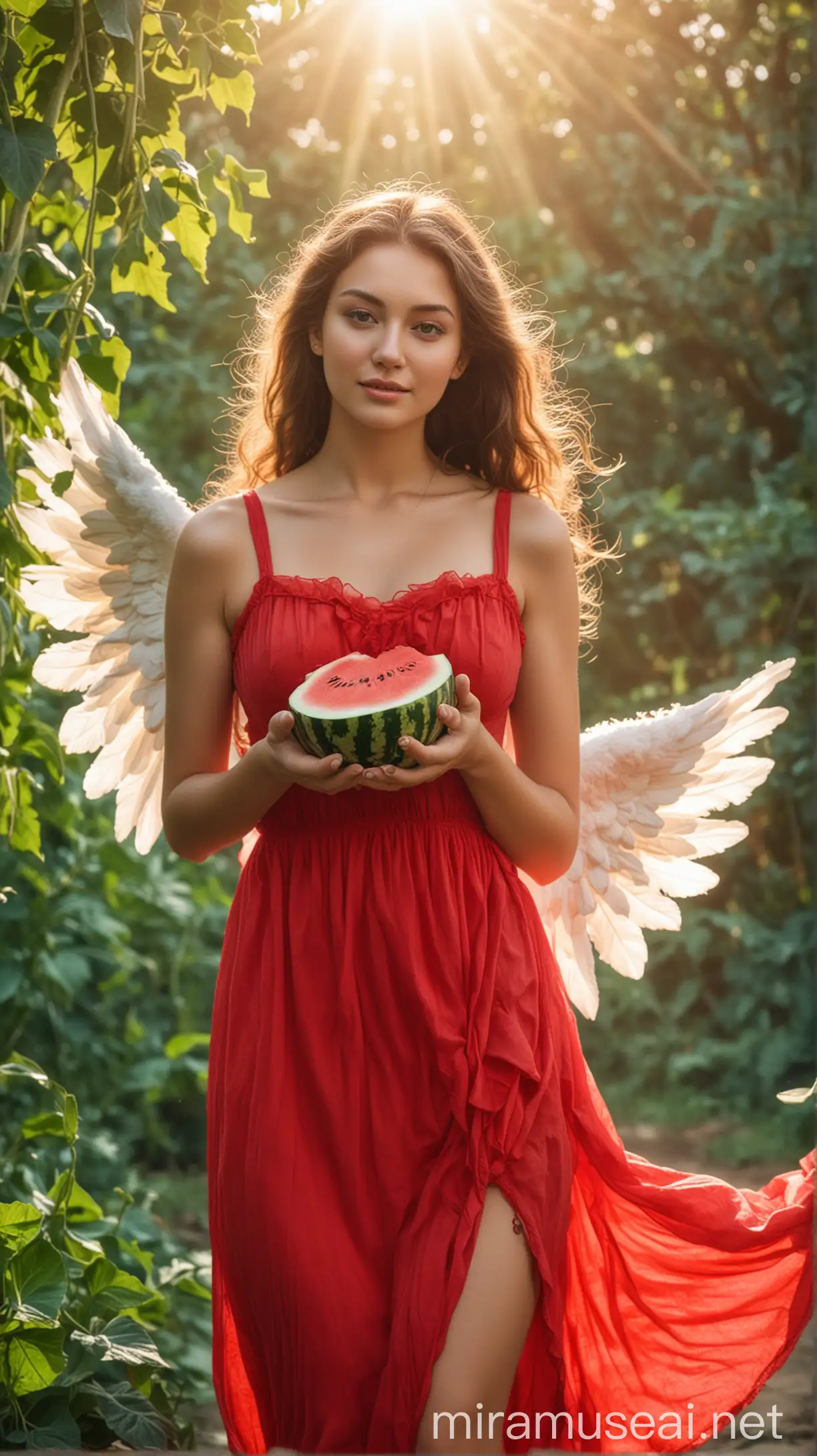 Beautiful Angel women and holding Watermelon on hand red dress, natural background, sun light effect, 4k, HDR, morning time weather