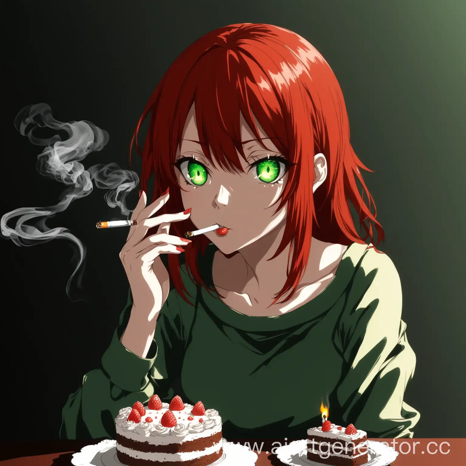 Аниме Девочка девочка с тортиком и сигаретой во рту с рыжими волосами и зелеными глазами