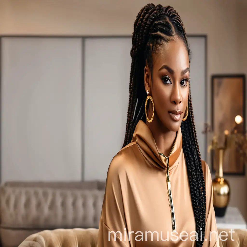 Create a hyper-realistic African woman, give her long black braids with brown highlights, baby hairs, long lashes, long nails with polish, gold hoop earrings and stylish accessories sitting on a couch in a luxurious living room.  Dress her confidently in a stylish casual wear.