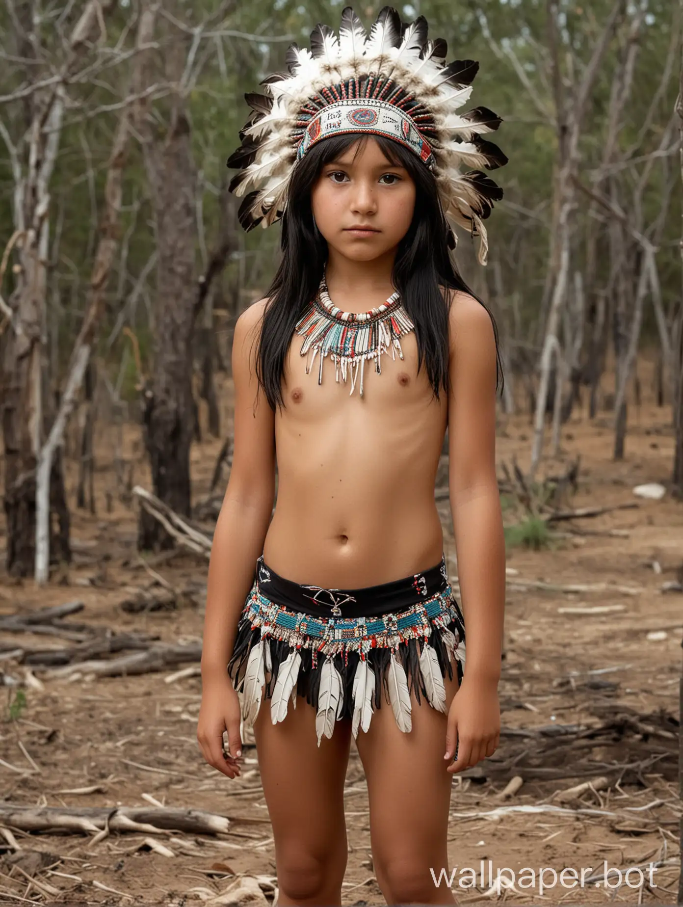 11 year old native American girl black hair black eyes wearing headdress a small mini skirt and a native bikini top with little perky breasts and standing in a native American burial ground 