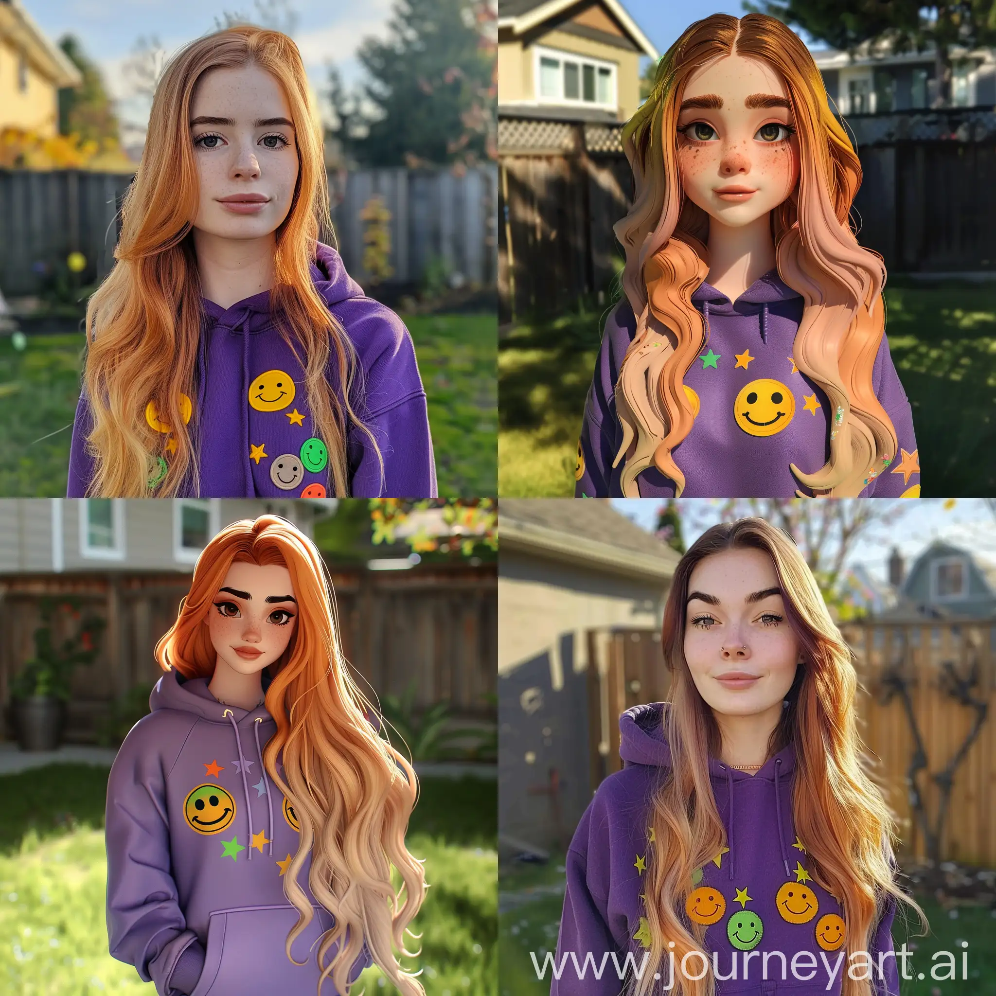 In the style of a cute cartoon, saturday afternoon cartoon style. A young 25 year old woman, attractive, cute. She has waist length long flowing hair that is blonde at the top and fades to ginger at the tips. She has dark eyebrows, cute nose, pale lips. She is wearing a purple hoodie with yellow smiley faces and green and orange star patches. She is TINY. She is standing outside in a backyard and only 1 inch tall, like the movie "Honey I Shrunk the Kids"