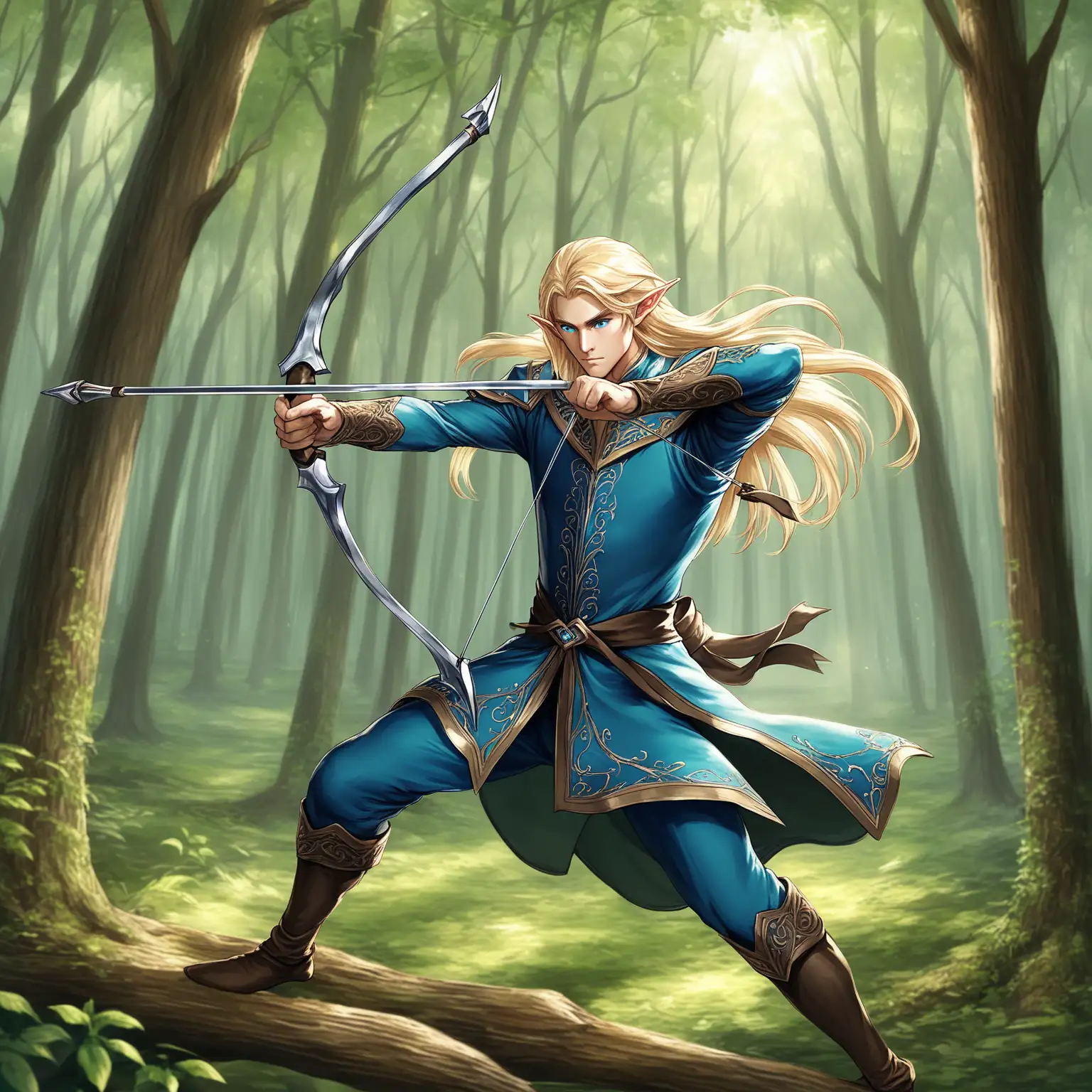 male, elf, long blonde hair, blue eyes, iron bow, dynamic pose, in the forest