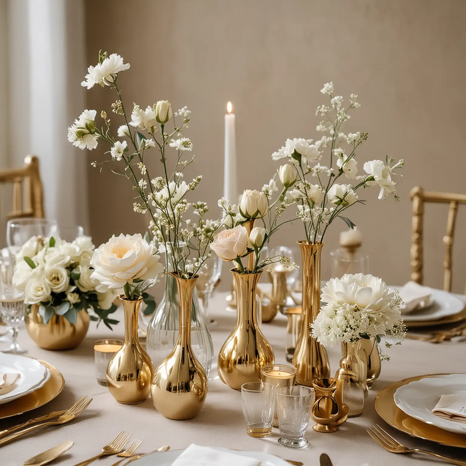 an elegant wedding centerpiece that includes gold bud vases of different heights set up in a cohesive arrangement for a centerpiece