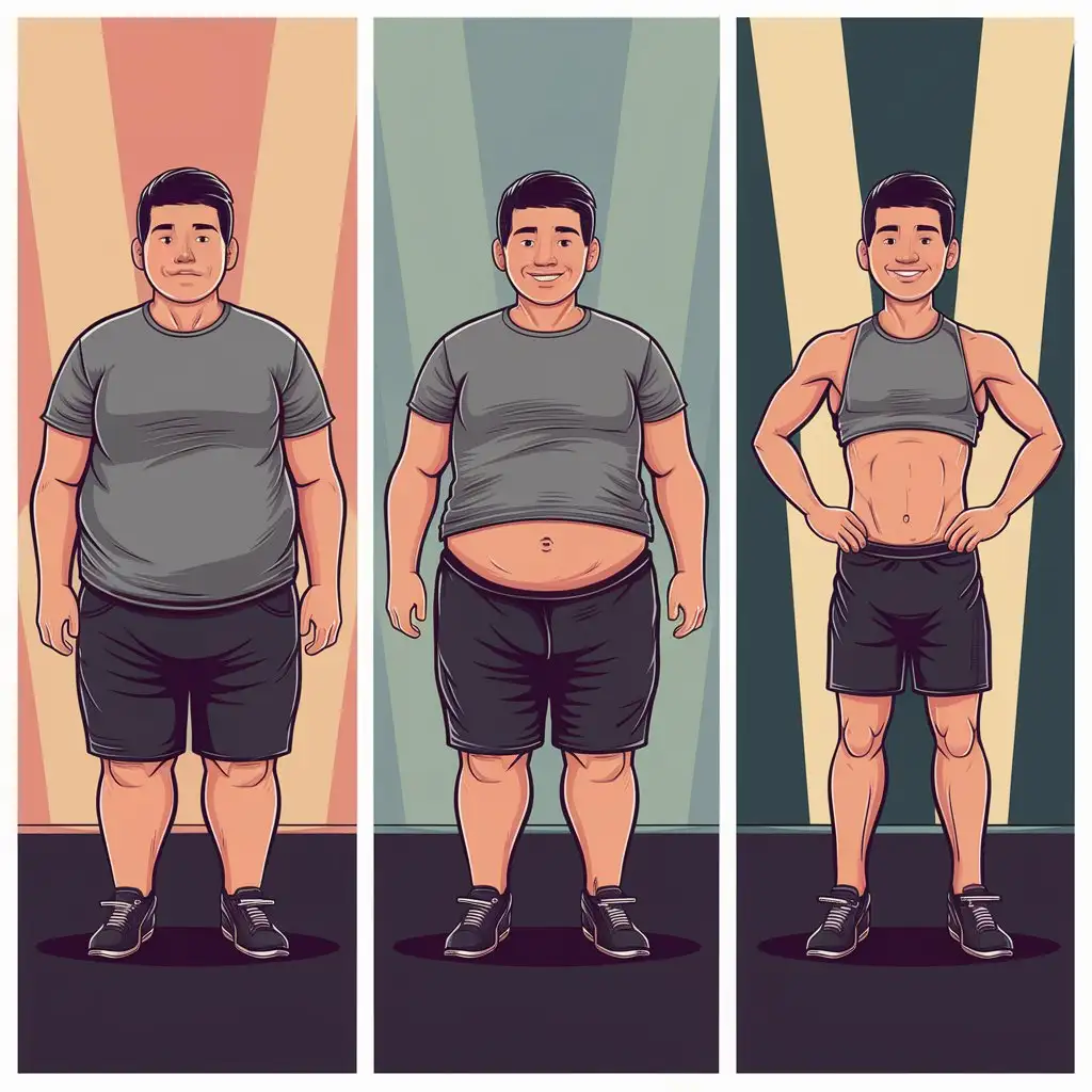 Три картинки, которые иллюстрируют этапы похудения парня. На первой картинке он полный, на второй картинке немного похудел и третьей картинке он худой