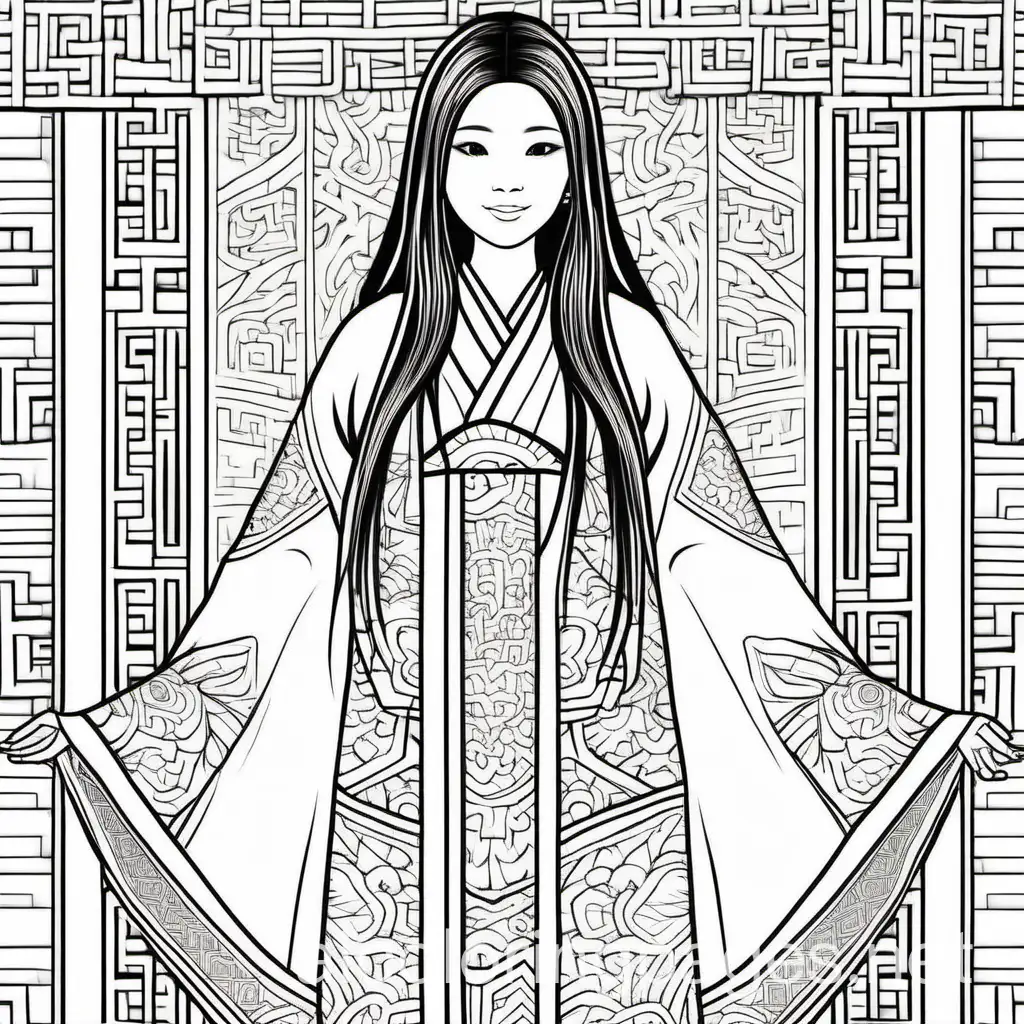 an oriental female  in traditional patterned robes, give her long straight hair, have her standing full body, Coloring Page, black and white, line art, white background, Simplicity, Ample White Space. The background of the coloring page is plain white to make it easy for young children to color within the lines. The outlines of all the subjects are easy to distinguish, making it simple for kids to color without too much difficulty