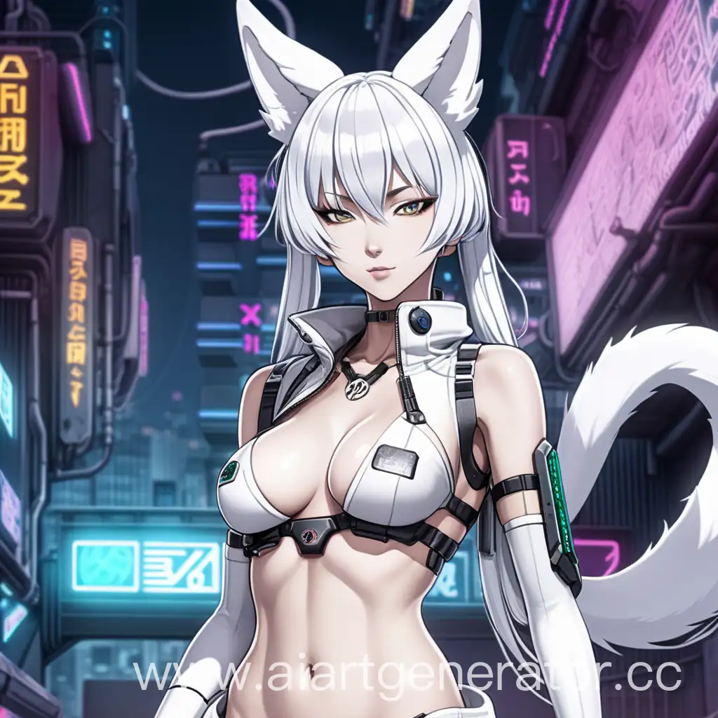 White kitsune anime girl in cyberpunk with implants, small breasts