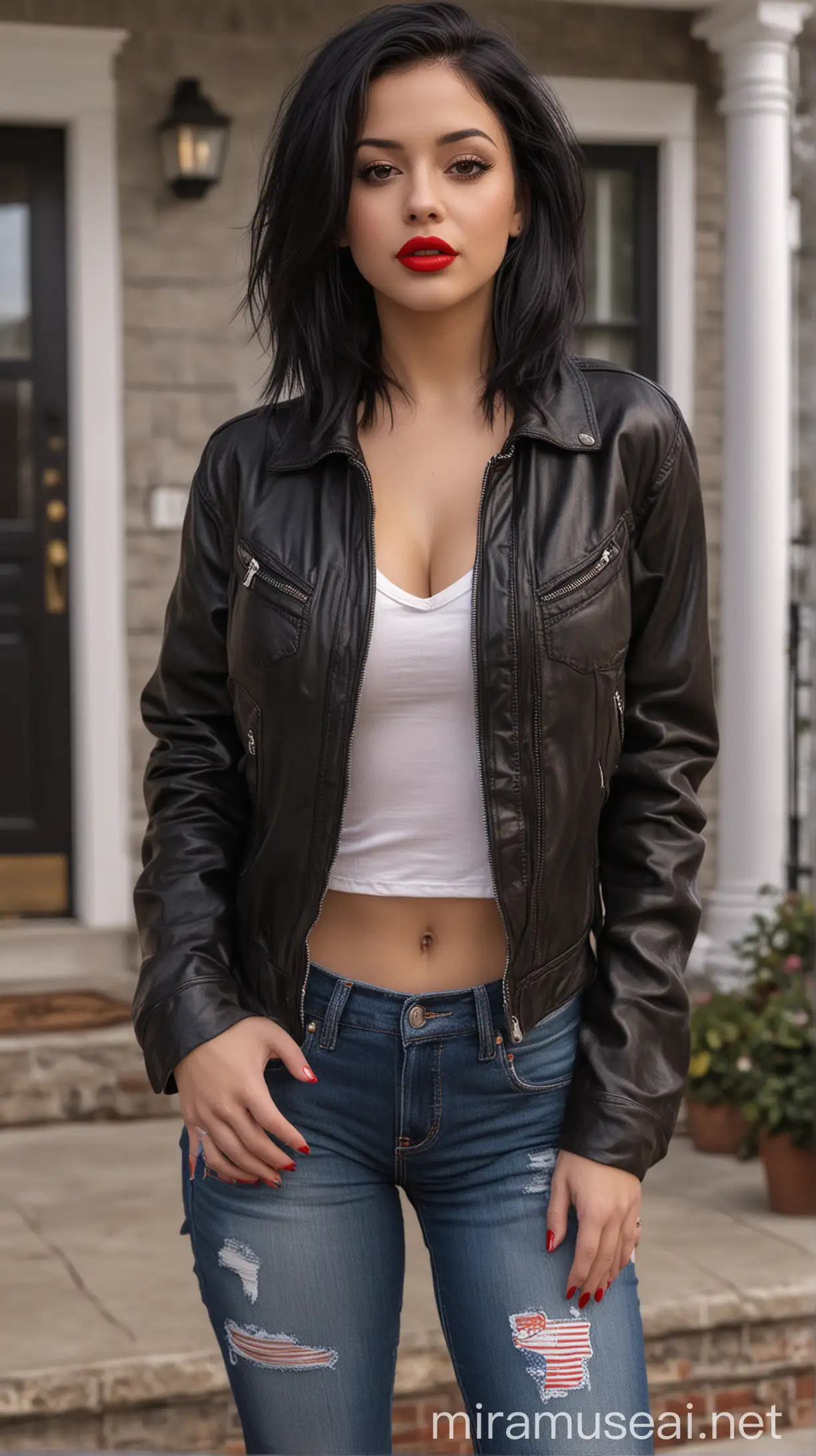 4k Ai art beautiful USA girl black hair red lipstick nose ring ear tops black jeans and brown zipper jacket big round tits in usa full front elevation of home