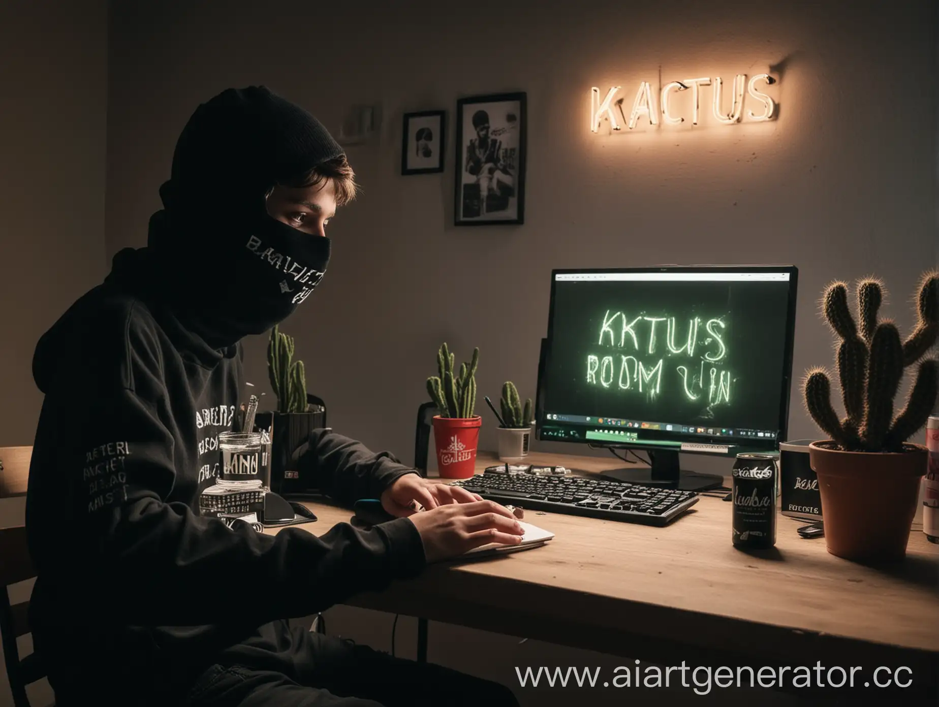 Teen-with-Balaclava-and-Cigarette-at-Computer-Desk-with-Neon-Room-Glow