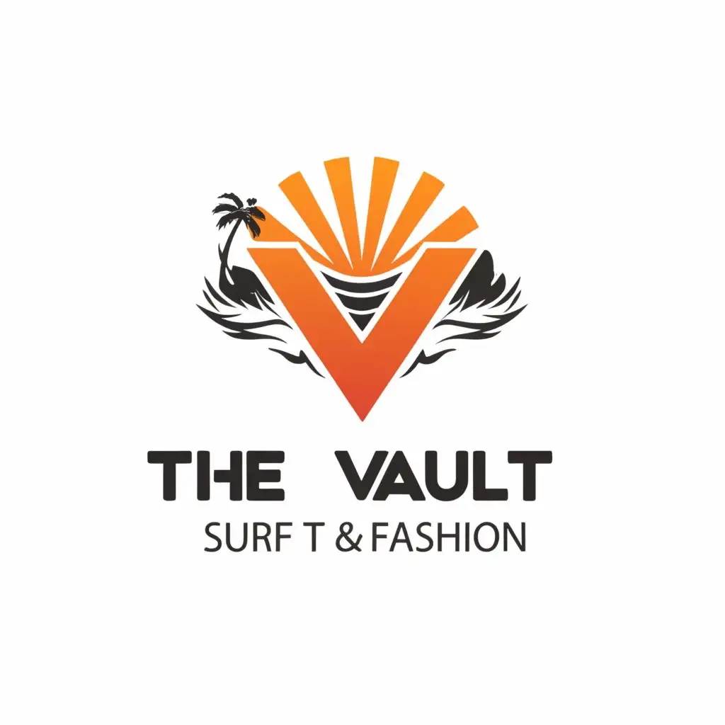 a logo design,with the text "The Vault surf and fashion", main symbol:Sunset from the letter V,Moderate,be used in Retail industry,clear background