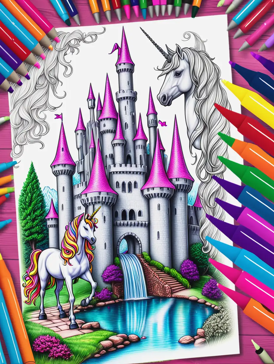 realistic castle and unicorn. coloring pens