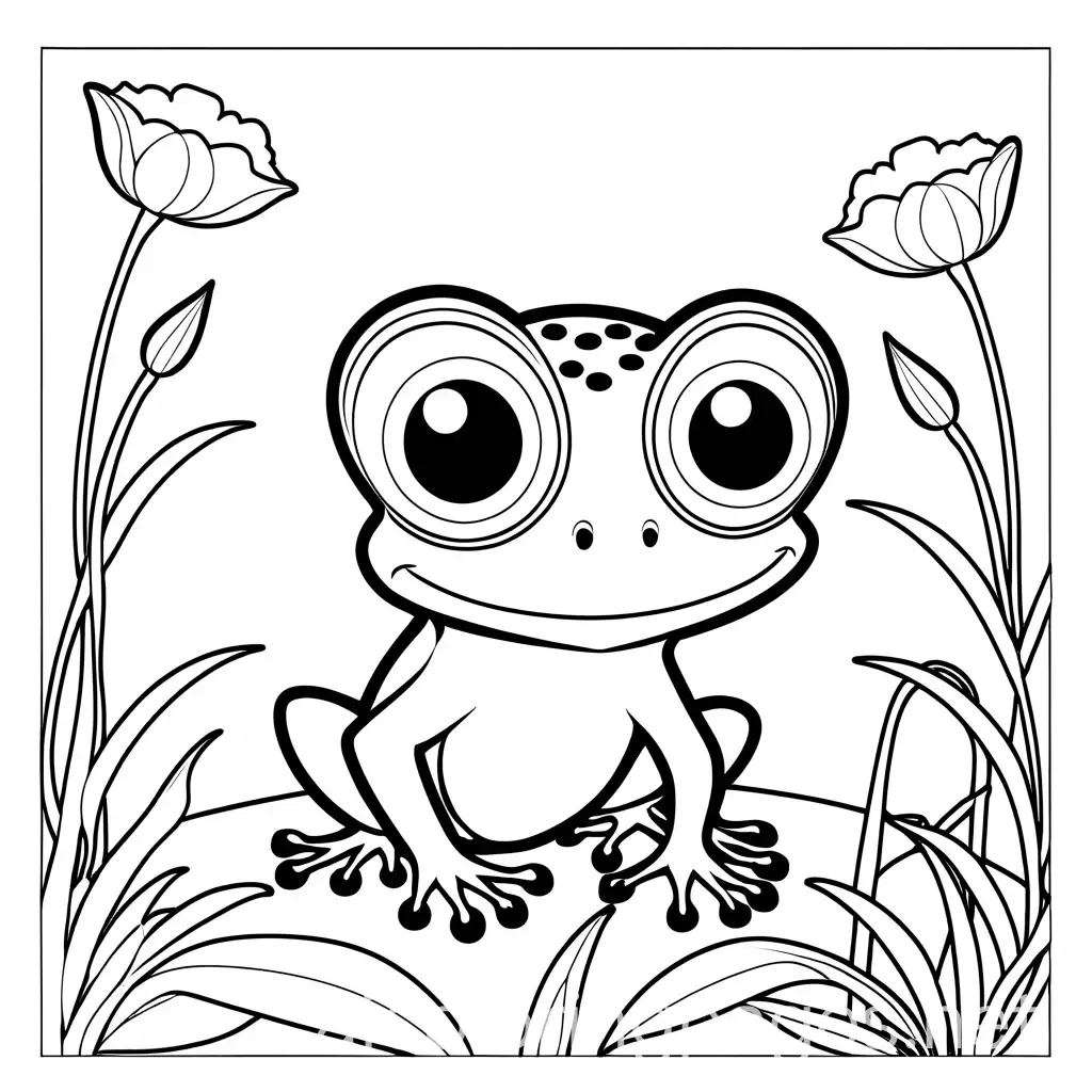cute big eyed frog  on a lilly pag eating flies
 , Coloring Page, black and white, line art, white background, Simplicity, Ample White Space. The background of the coloring page is plain white to make it easy for young children to color within the lines. The outlines of all the subjects are easy to distinguish, making it simple for kids to color without too much difficulty, Coloring Page, black and white, line art, white background, Simplicity, Ample White Space. The background of the coloring page is plain white to make it easy for young children to color within the lines. The outlines of all the subjects are easy to distinguish, making it simple for kids to color without too much difficulty