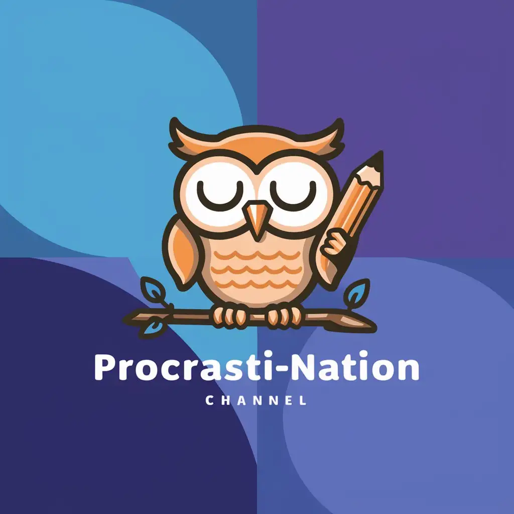 Create a flat vector, illustrative-style mascot logo design for a procrastination tips channel named 'Procrasti-Nation'. Introduce a quirky character in the form of a sleepy owl holding a pencil, symbolizing wisdom and creativity. Use shades of blue and purple to create a calming but engaging aesthetic against a white background. Do not show any realistic photo detail shading.
