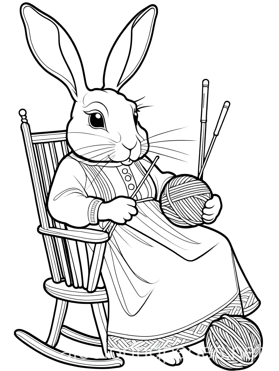 old female rabbit in a chair outside, holding knitting needles and a ball of yarn, Coloring Page, black and white, line art, white background, Simplicity, Ample White Space. The background of the coloring page is plain white to make it easy for young children to color within the lines. The outlines of all the subjects are easy to distinguish, making it simple for kids to color without too much difficulty