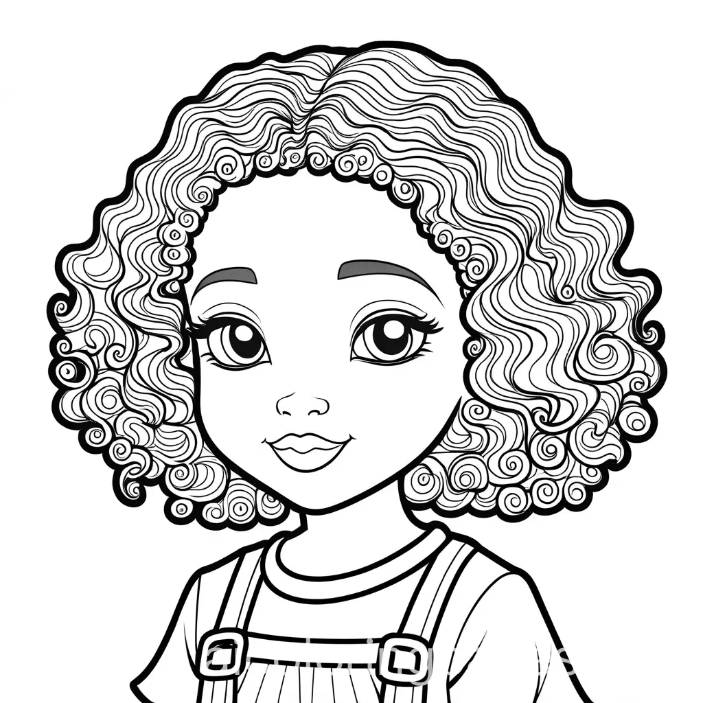 a little black girl with with pinned curly hair, kawaii style, in holydays , Coloring Page, black and white, line art, white background, Simplicity, Ample White Space. The background of the coloring page is plain white to make it easy for young children to color within the lines. The outlines of all the subjects are easy to distinguish, making it simple for kids to color without too much difficulty