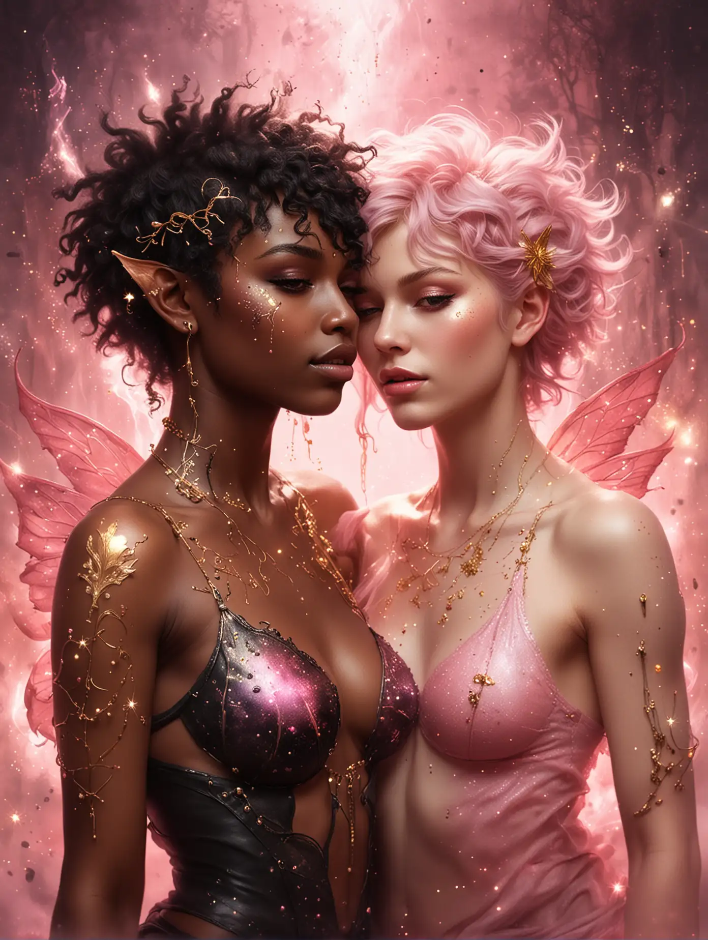 Illustration of two sexy lesbian fae, one is Caucasian, one is black, pink fog, gold sparks
