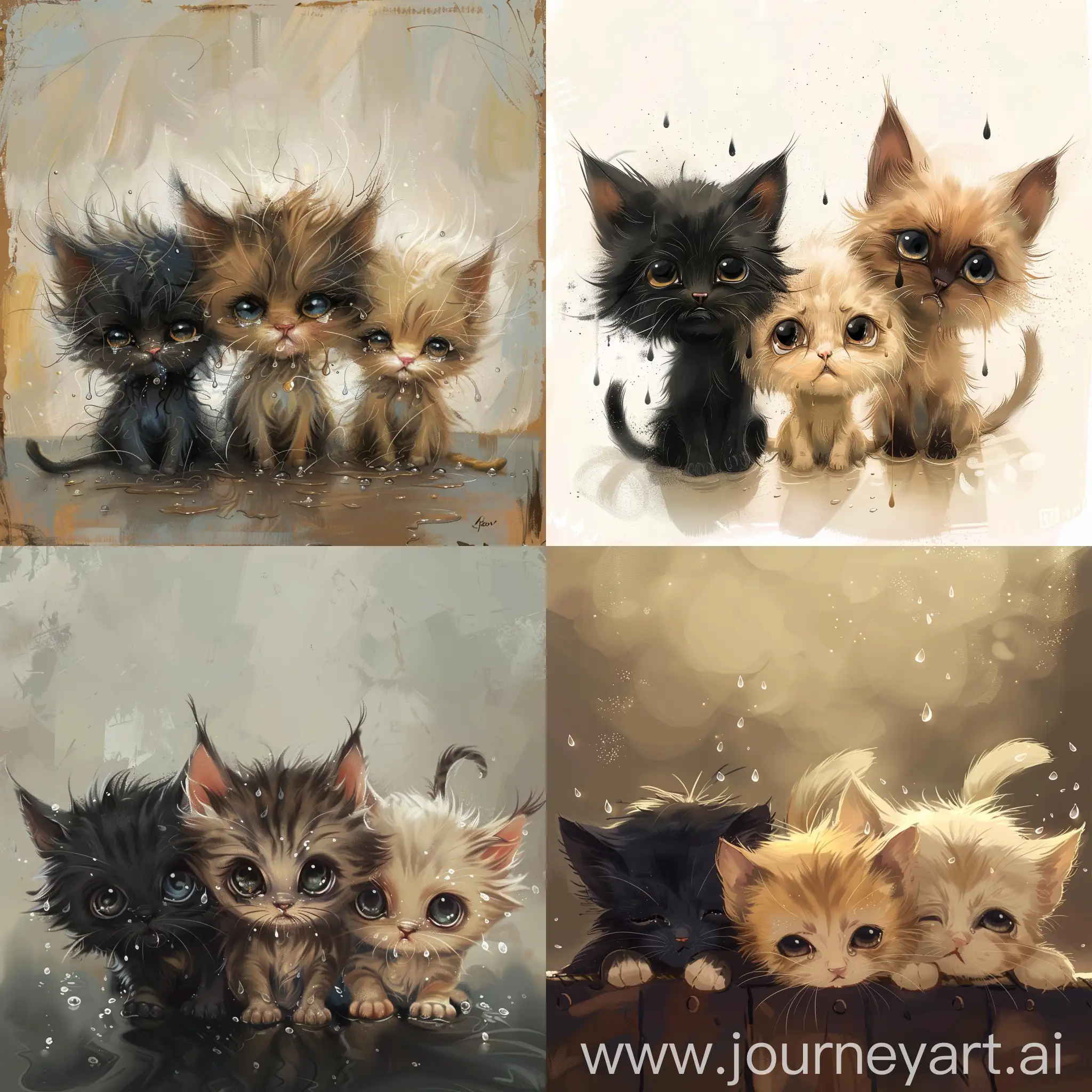 three kittens, the first has black hair, the second has brown hair, the third has blond hair. They are lost and crying tears