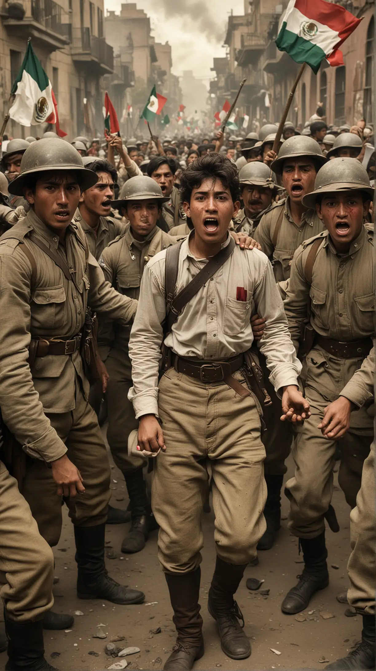 Create an image of 20-year-old Mexican student Veneslao Moguel being arrested by soldiers during the Mexican Revolution in 1915. Veneslao should appear determined yet anxious, with soldiers gripping his arms tightly. The background can show a turbulent scene reflecting the chaos of the revolution, with flags and revolutionary slogans visible.