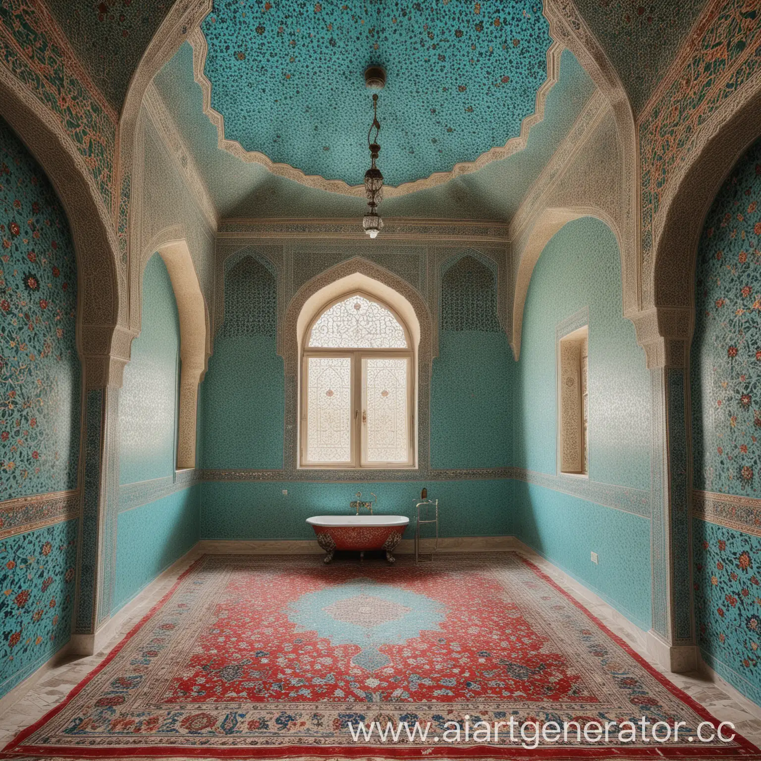 modern room (With complete Modern faucets) with Isfahan Safavid period architecture in ( 80% ligth Cyan blue and 20% light persian green for wall ) and   ( light cream color for room's ceiling ) and ( persian red for floor) 