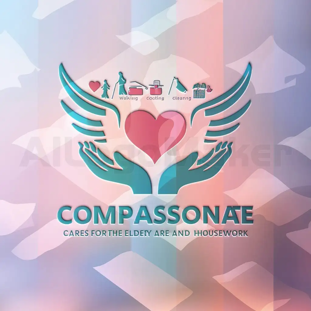 a logo design,with the text "Care", main symbol:A logo for a company that cares for the elderly and helps with housework. The logo should feature elements representing walking, cooking, cleaning, and companionship. Include symbolic angel wings and palms of hands. The design should be warm and inviting, with gentle colors that convey care and support.,Moderate,clear background