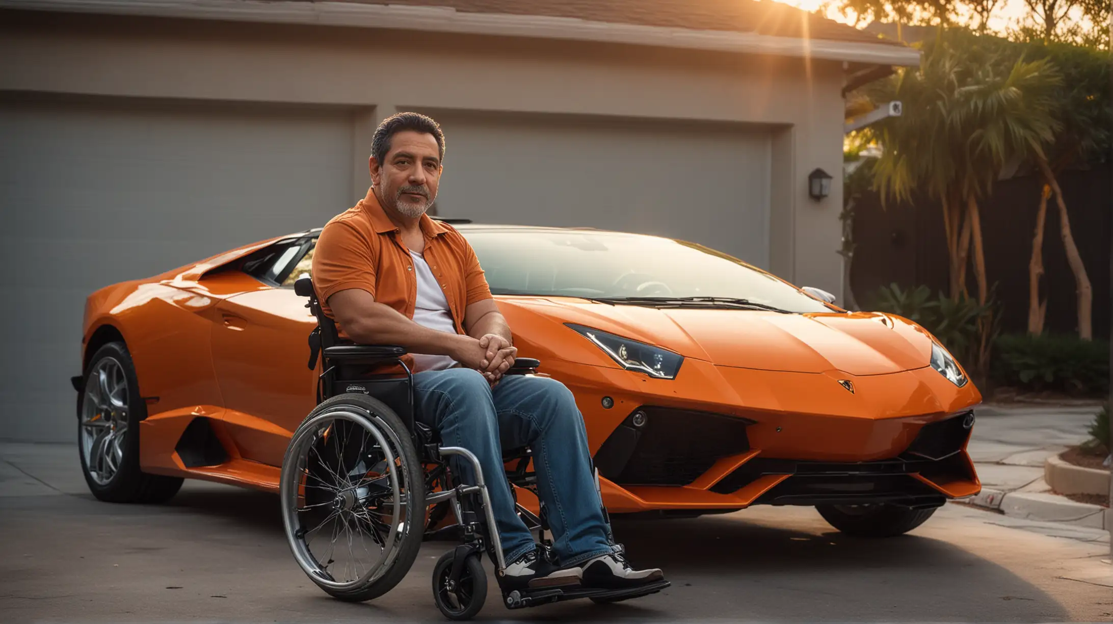a confident middle age hispanic man sitting in a wheelchair in his driveway directly in front of his orange Lamborghini, dramatic lighting, vibrant colors