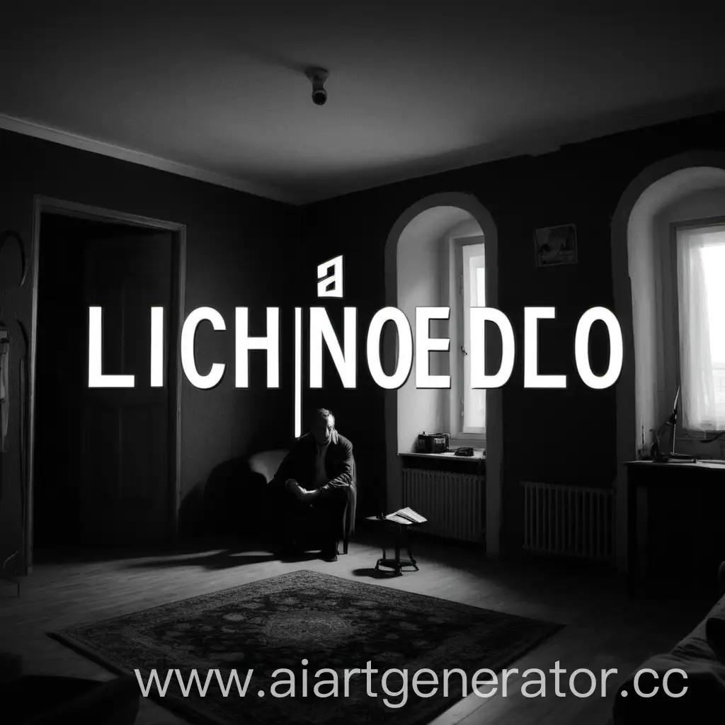 documentary apartment in the Black and White, in the corner in the dark there is a detective, in the center of the picture is the logo "Lichnoe Delo"