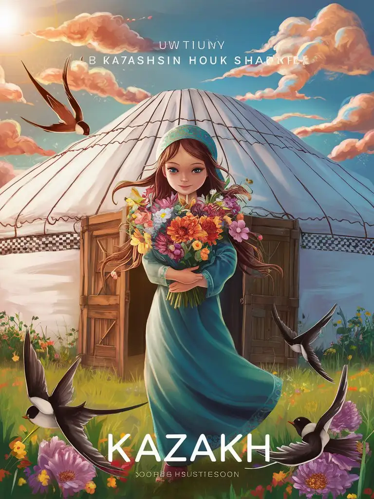 Рисунок казахской девочки, которая держит в руках держит цветы. Позади девочки белая казахская юрта. Лето. Вокруг цветы и летают ласточки. Красивые облака.