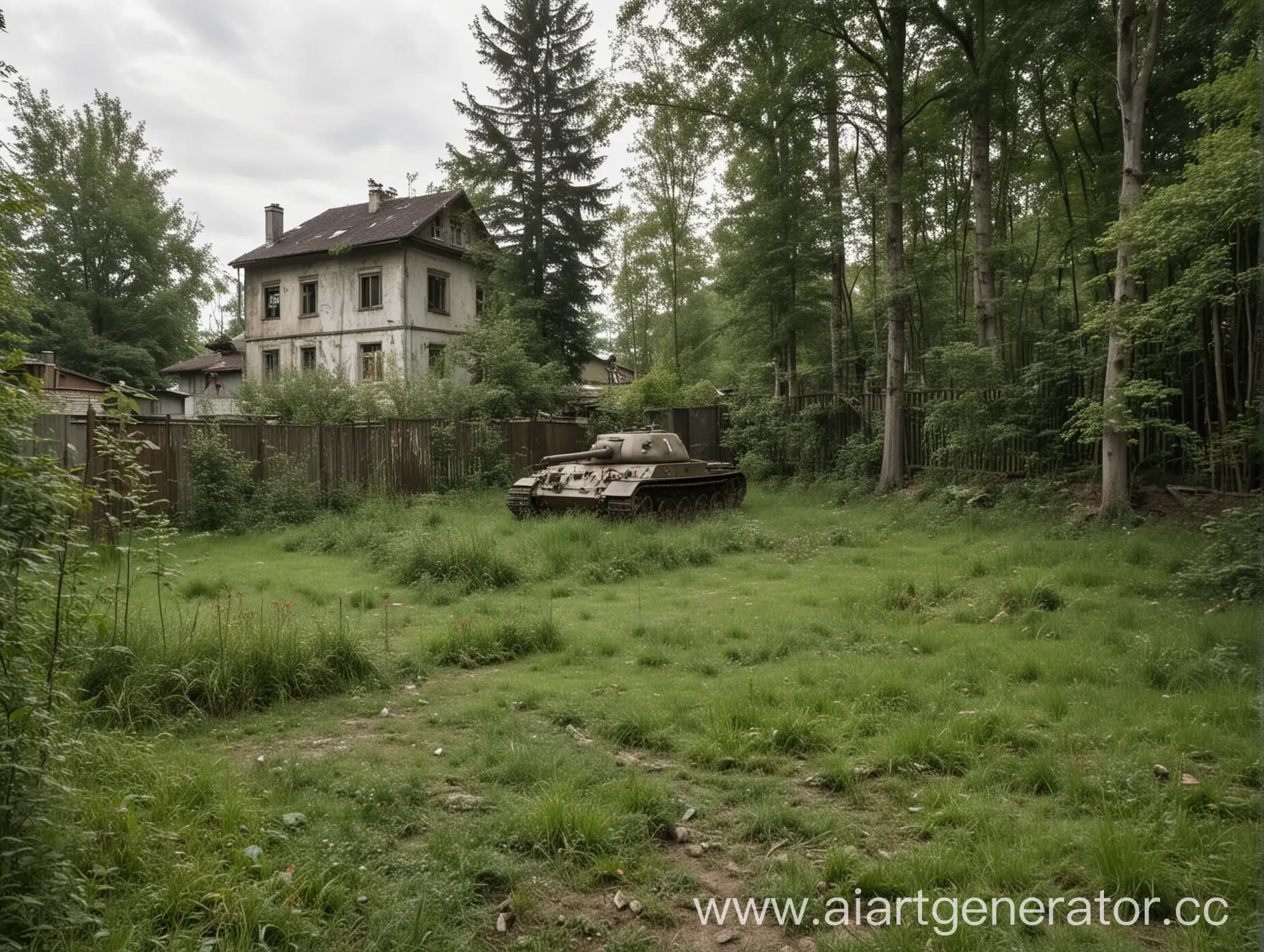 Spacious-Private-House-Backyard-with-E75-German-Tank-and-Dense-Forest