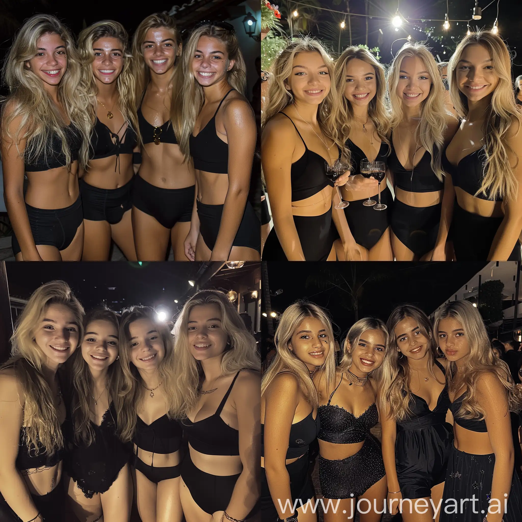 Four-Brazilian-Girls-in-Black-Dresses-at-Night-Party-with-Flashlights