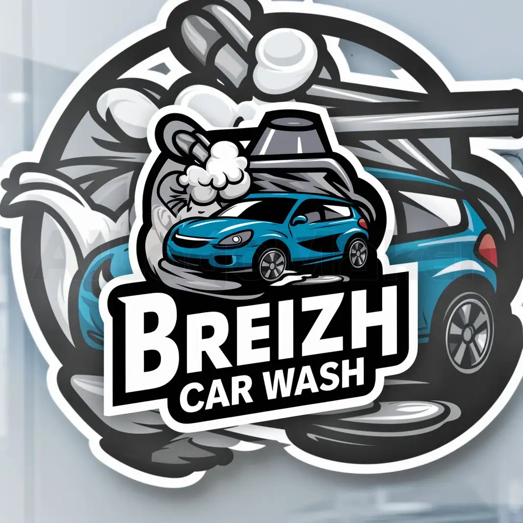 a logo design,with the text "breizh car wash", main symbol:a style rather professional but a bit cartoony, with a color blue, with a car that gets cleaned by a foamer,complex,be used in Automotive industry,clear background