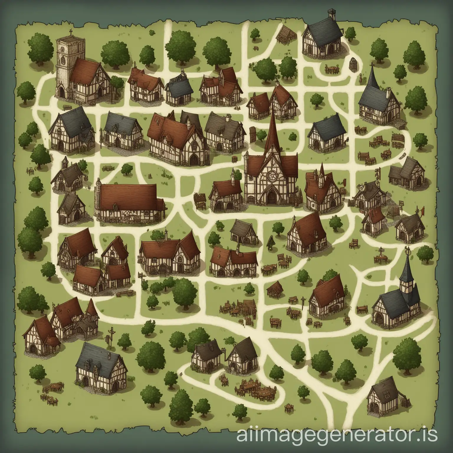 a dnd style town map, including church tavern, some residential and fields