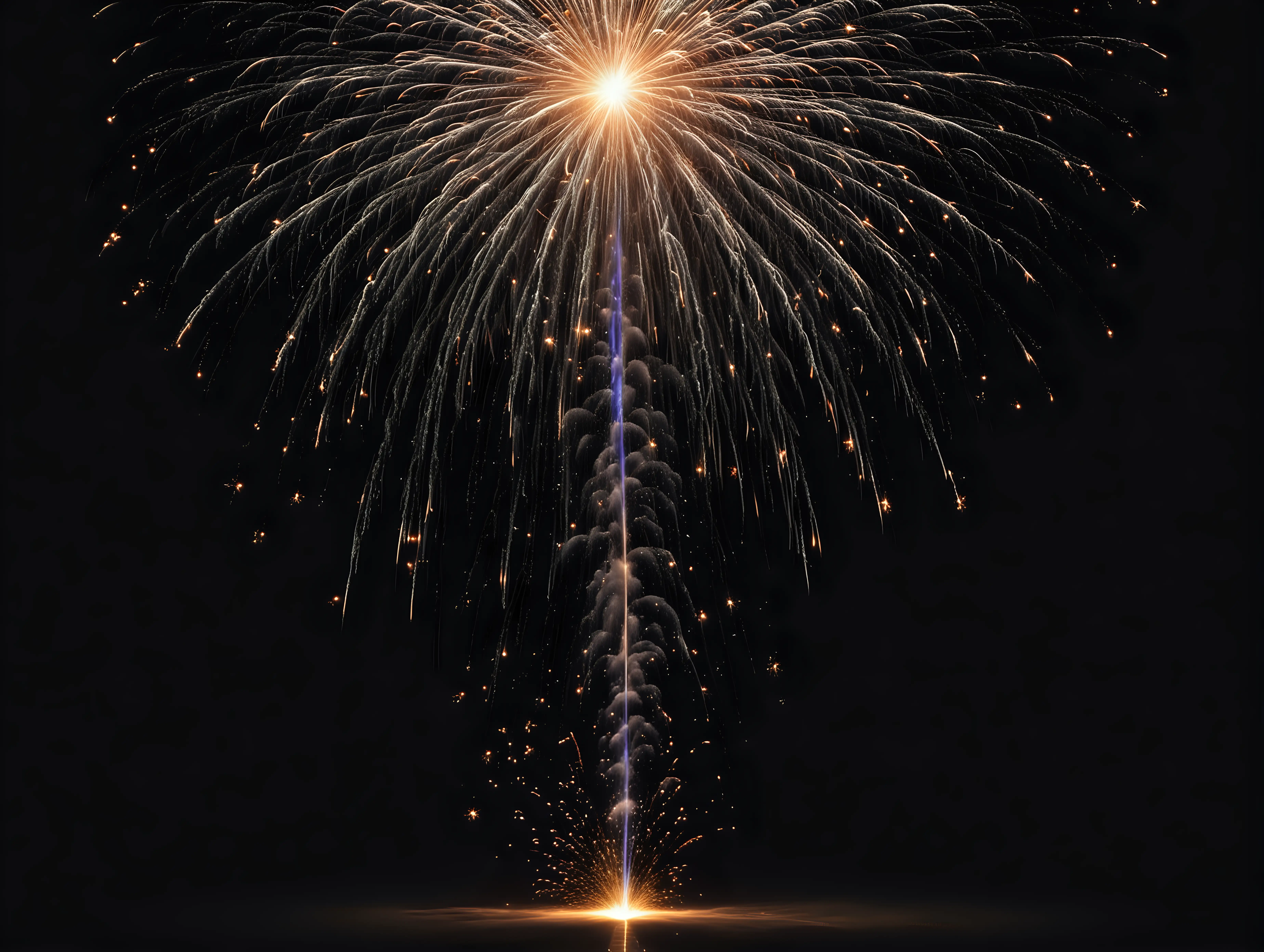 long falling, one cascading firework falling with pure black background.  keep all fireworks completely within the photo.  