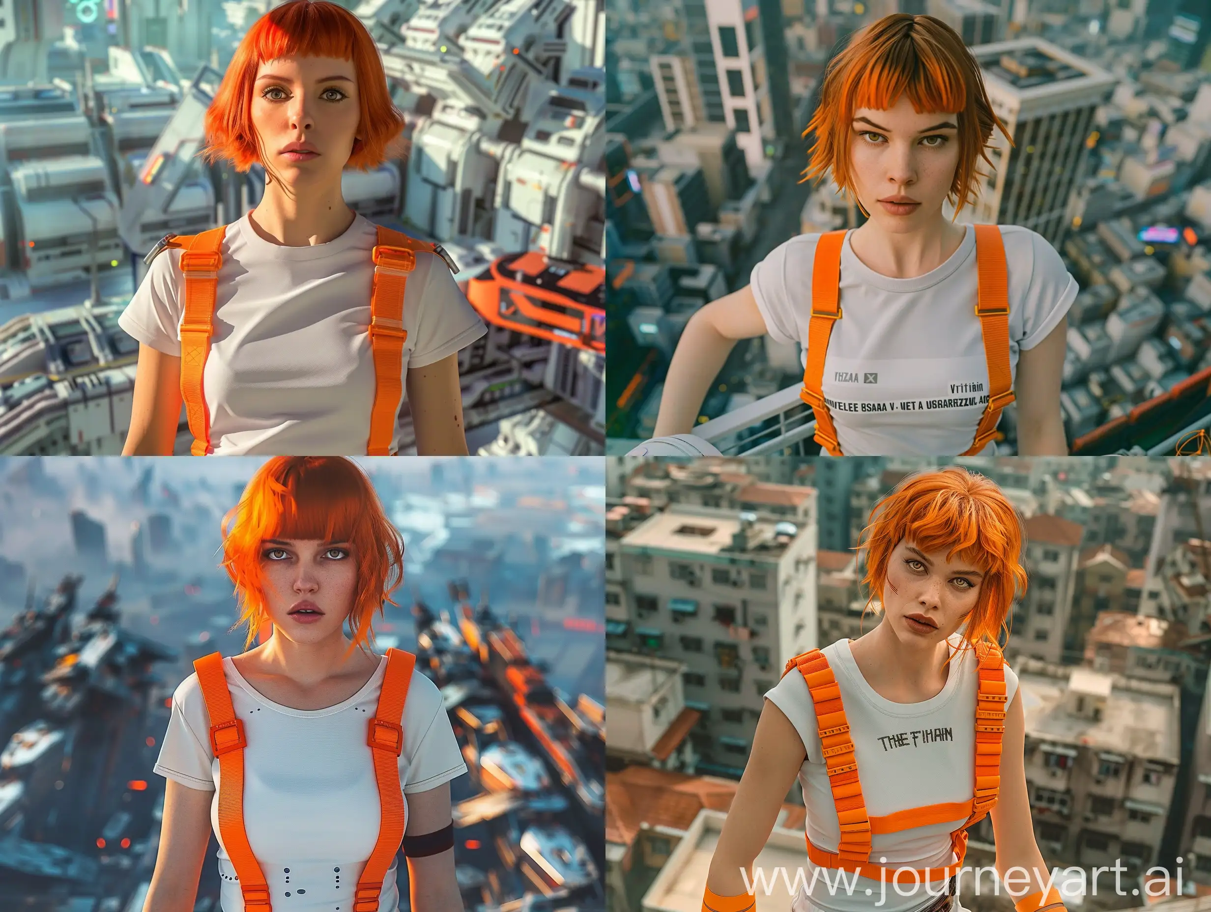 RAW dslr portrait photograph by Ana Dias, Milla Jovovich as Leeloo, the iconic look , suit of orange horizontal rubber straps on a white t-shirt, orange hair irregular short haircut, dynamic pose trending on the movie arc, anatomically correct female torso, on top of sci-fi dystopian city with futuristic transport,  trending on The Fifth Element movie, Ghost In The Shell movie, sci-fi, art by Curlyhair Nadia Asserzon, Esa Luttinen, Isa Oglanby, artstation, directed by Luc Besson, (photographed by Lee Jeffries),  glibatree style, After Effects HeliumX Lite render,  ((hyperrealism)), epic composition,  using film superia, with sony alpha A7 III, Detailed, Viviane Sassen, bokeh, beautiful background,  the best macro photo by Miki Asai, selective focus, DOF, clean lines,  vibrant contrast, rim light, soft diffused light, (chiaroscuro), (chaos Vantage 2.3 render), selective focus, (weta fx), autodesk vred render, rendered in Сinema 4D IKMAX, unreal engine 5.3, (Cinema 4D V-Ray 6 Update 2 render),  finely details, (long exposure), Adobe After Effects 24.2 render, octane render, 8k