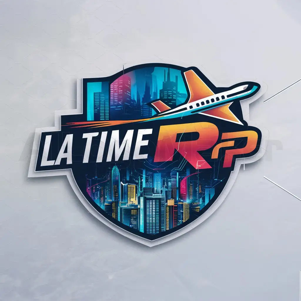 a logo design,with the text "LA TIME RP", main symbol:Create a Logo for Fivem Server with bright colorful city and a airplane,Moderate,be used in Technology industry,clear background