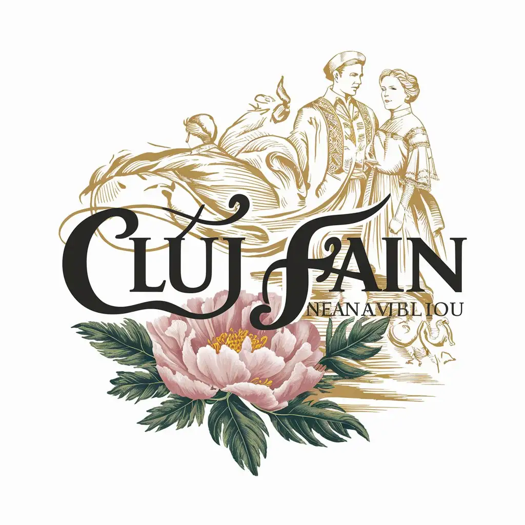 a logo design,with the text "Cluj Fain", main symbol:a peony flower or a linden flower and a man and a woman in traditional costumes and Lucian Blaga's figure,complex,be used in Travel industry,clear background