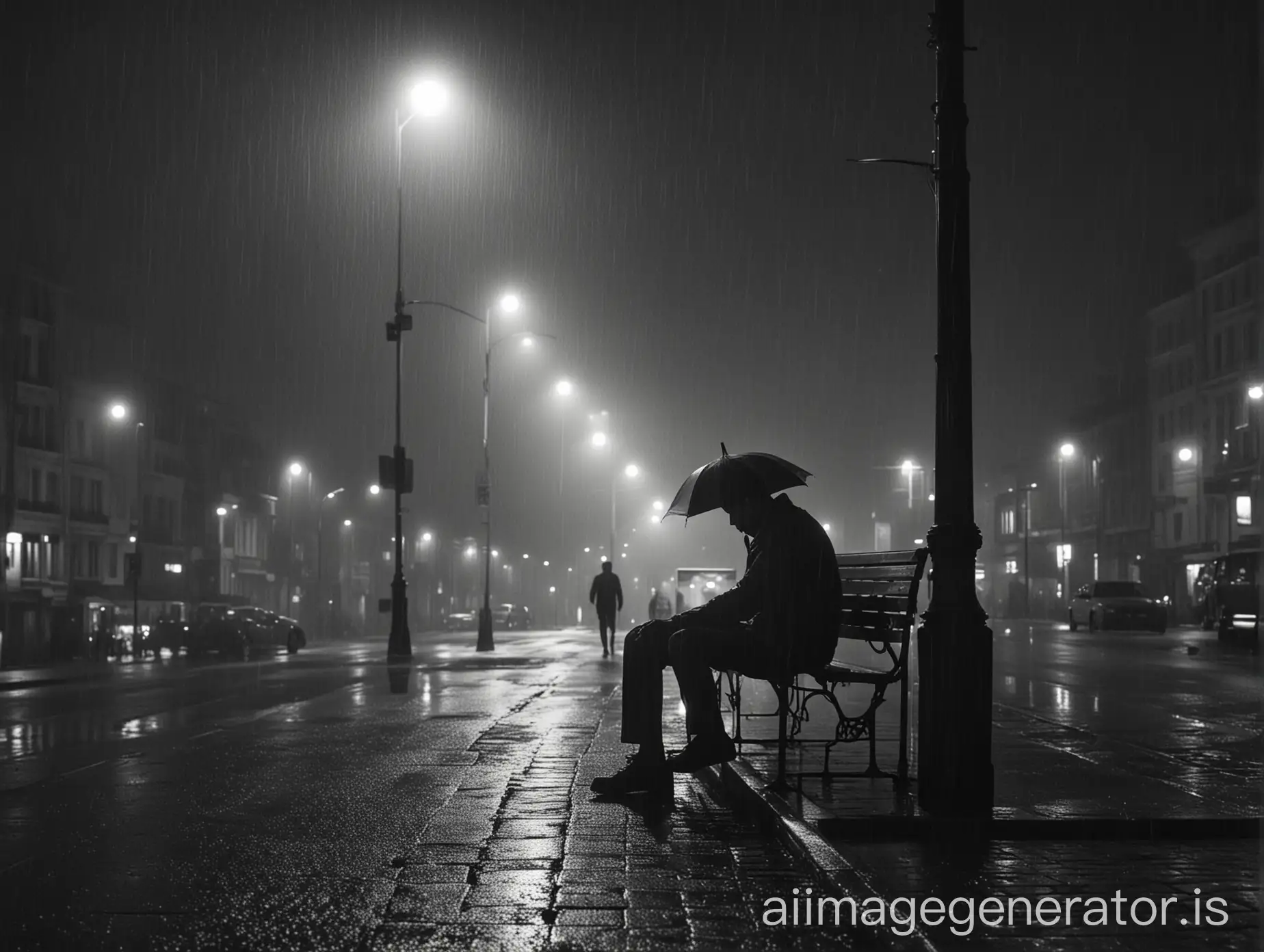 in a rainy night a man is sit under street light