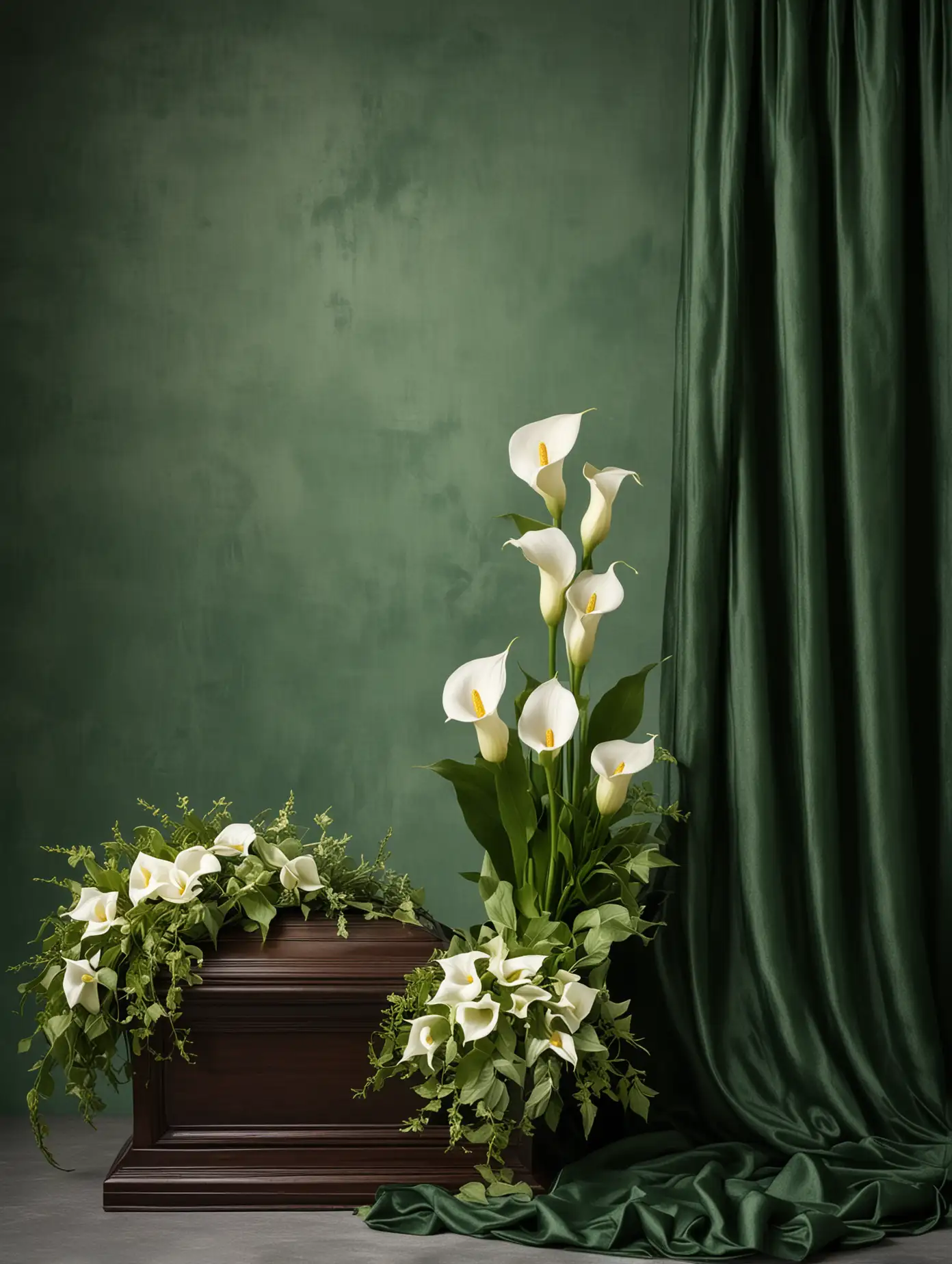 Funeral decoration; on the left, against a background of draped green fabric, a funeral urn, next to the urn a small bouquet of calla and ivy, green velvet background