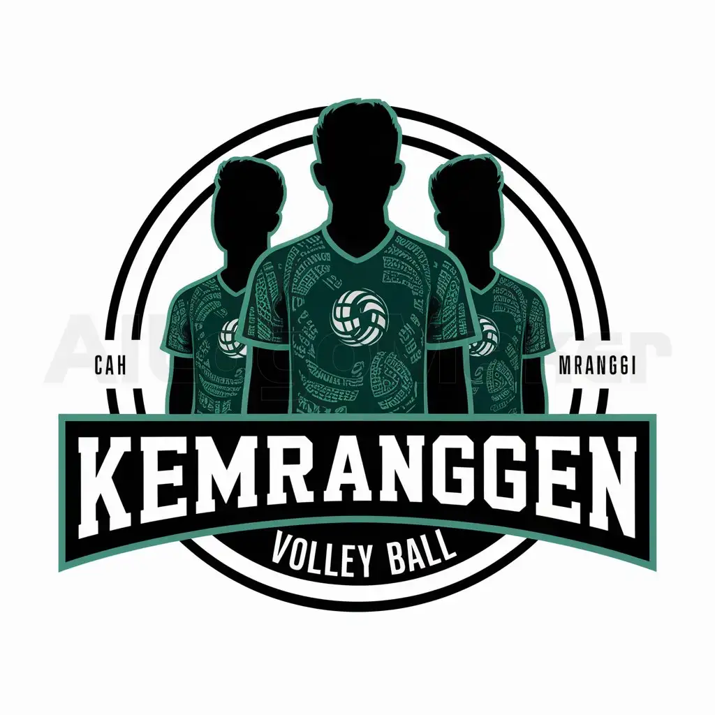 a logo design,with the text "Create a logo: a logo that displays a detailed illustration of a volleyball team wearing green jerseys with cool motifs. The volleyball team uses green jerseys with cool, very detailed motifs, with intricate designs on the jerseys depicting various volleyball motifs. Encircling the volleyball team wearing green jerseys is a white circular border containing text. Above the volleyball team, within its boundaries, 'KEMRANGGEN' is written in bold capital letters. Below the volleyball team, also inside the edge, 'VOLLEY BALL' is written in bold capital letters. Between these two texts but outside the circular border are two additional lines of text: 'CAH' on the left side and 'MRANGGI' on the right side. This text is smaller than the text inside the circle, but still uses bold capital letters.", main symbol:team volley ball,complex,be used in Sports Fitness industry,clear background