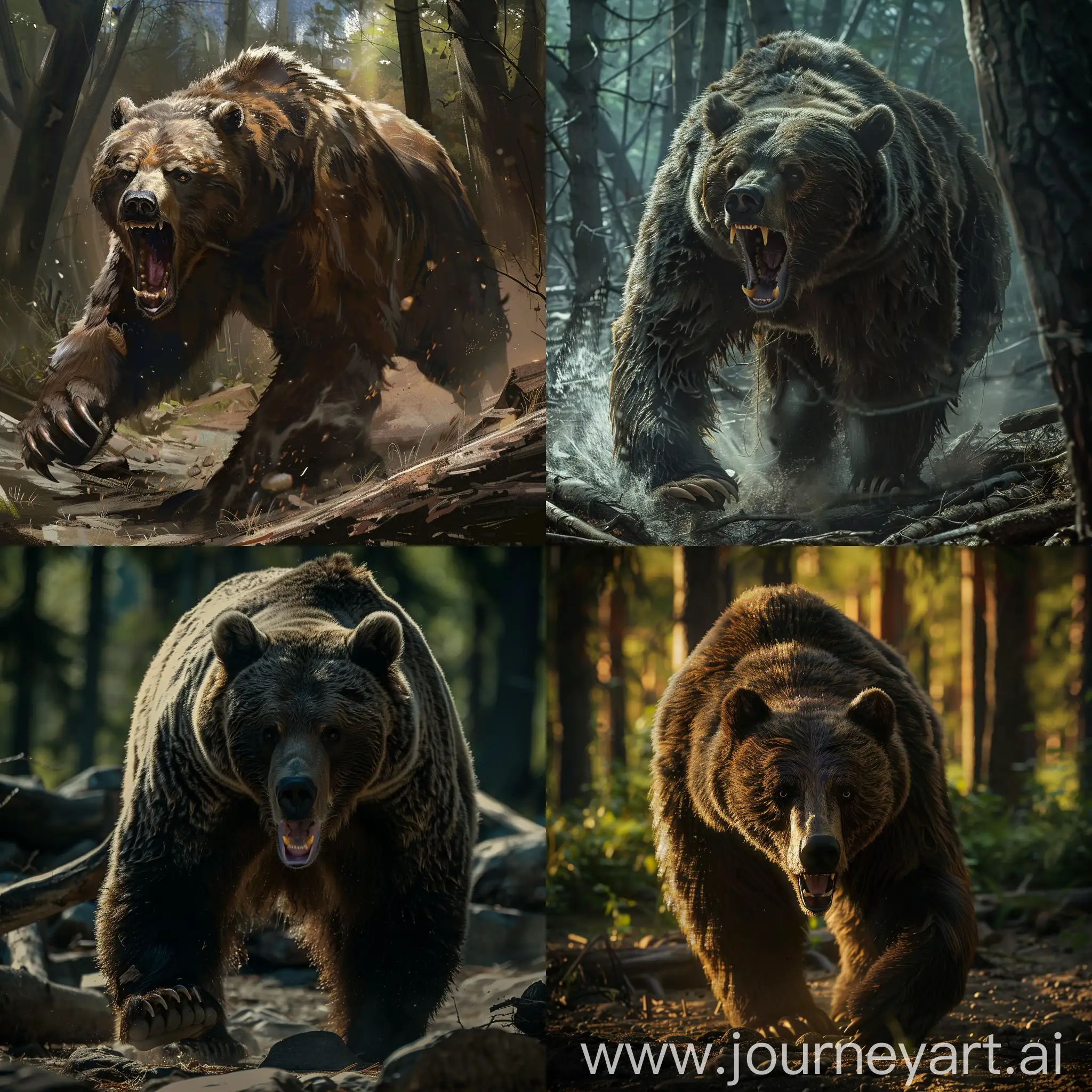 злобный медведь рычит идя по лесу