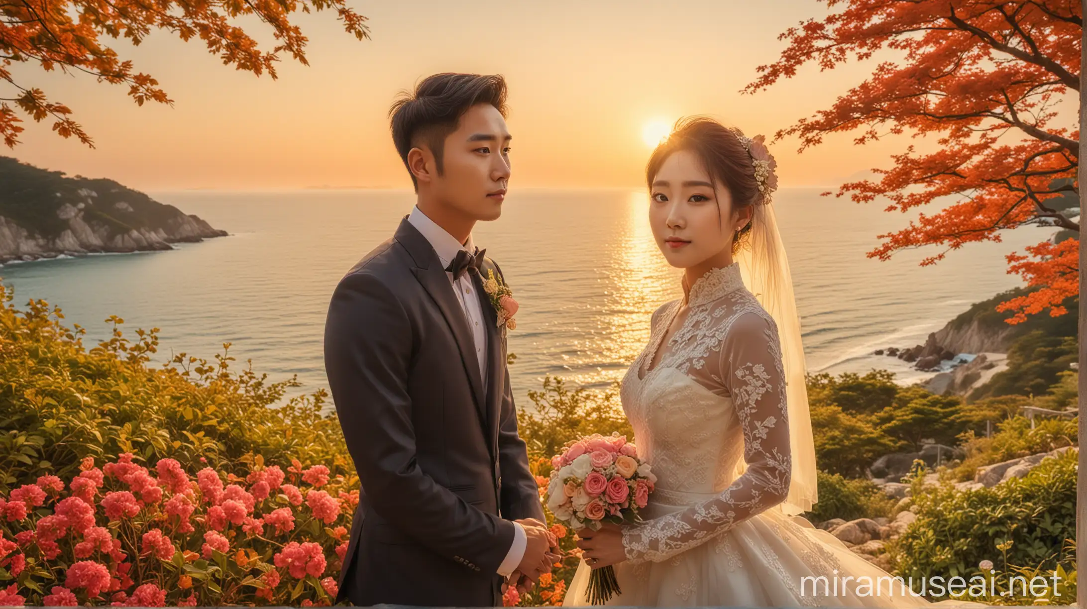 Handsome Groom and Beautiful Korean Bride Overlooking the Sea in Vibrant Tabloid Style