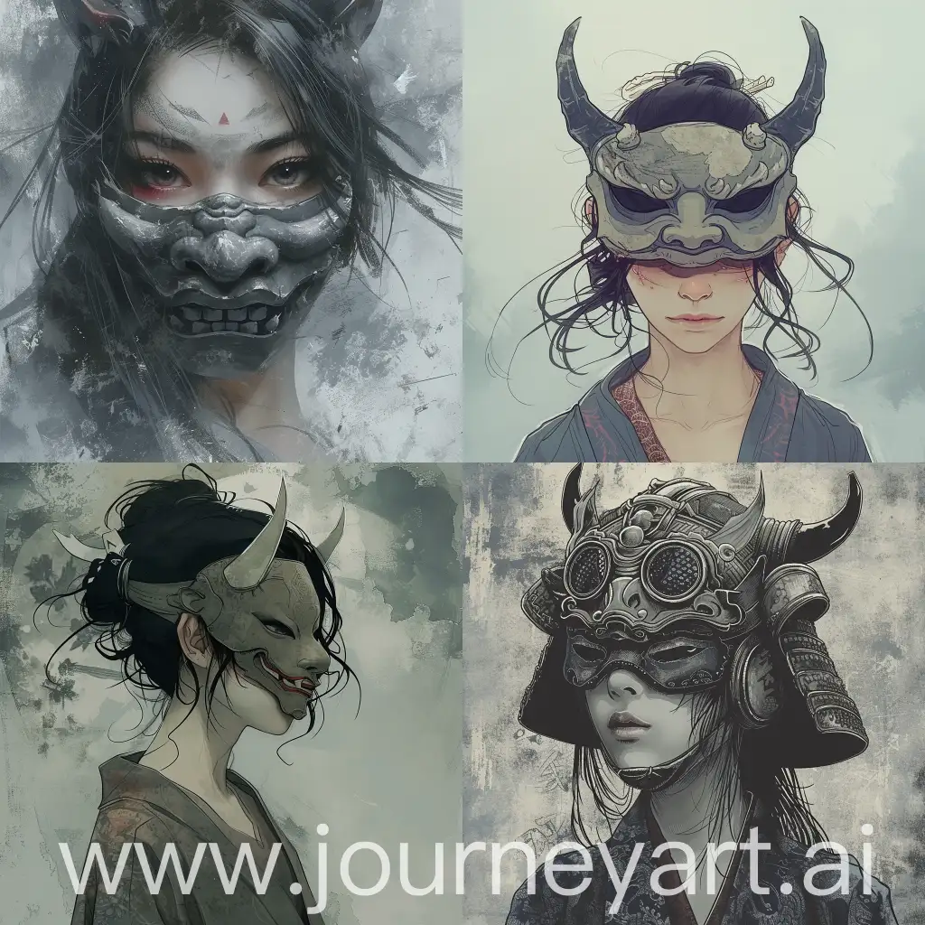 Anime illustration of a woman wearing a Japanese oni mask, epic, dreamy, grayish tones, illustration