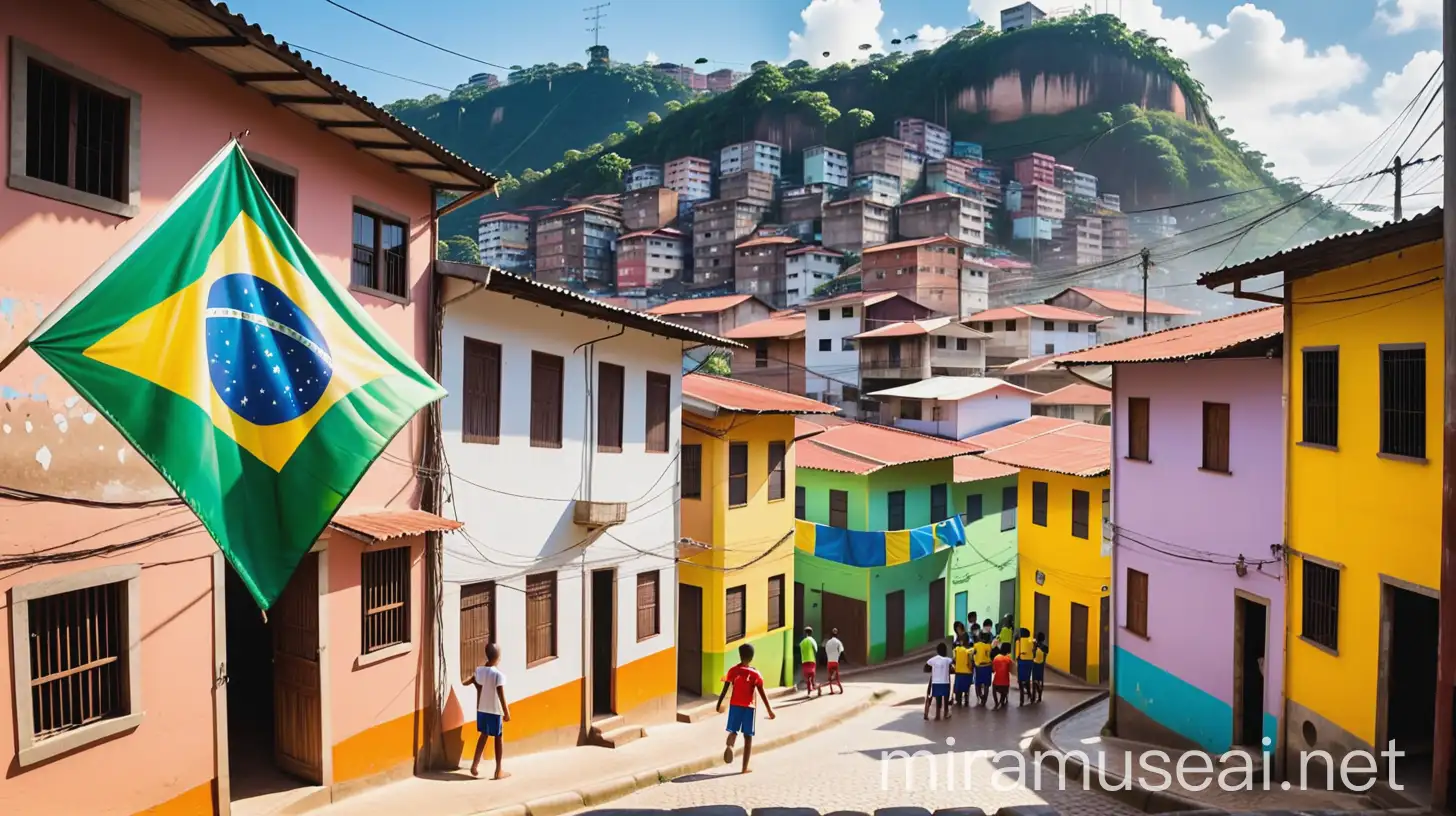 Imagen de una dentro de una favela brasileña algunos edifcios de ladrillos, algunas banderitas de brasil y niños jugando al futbol