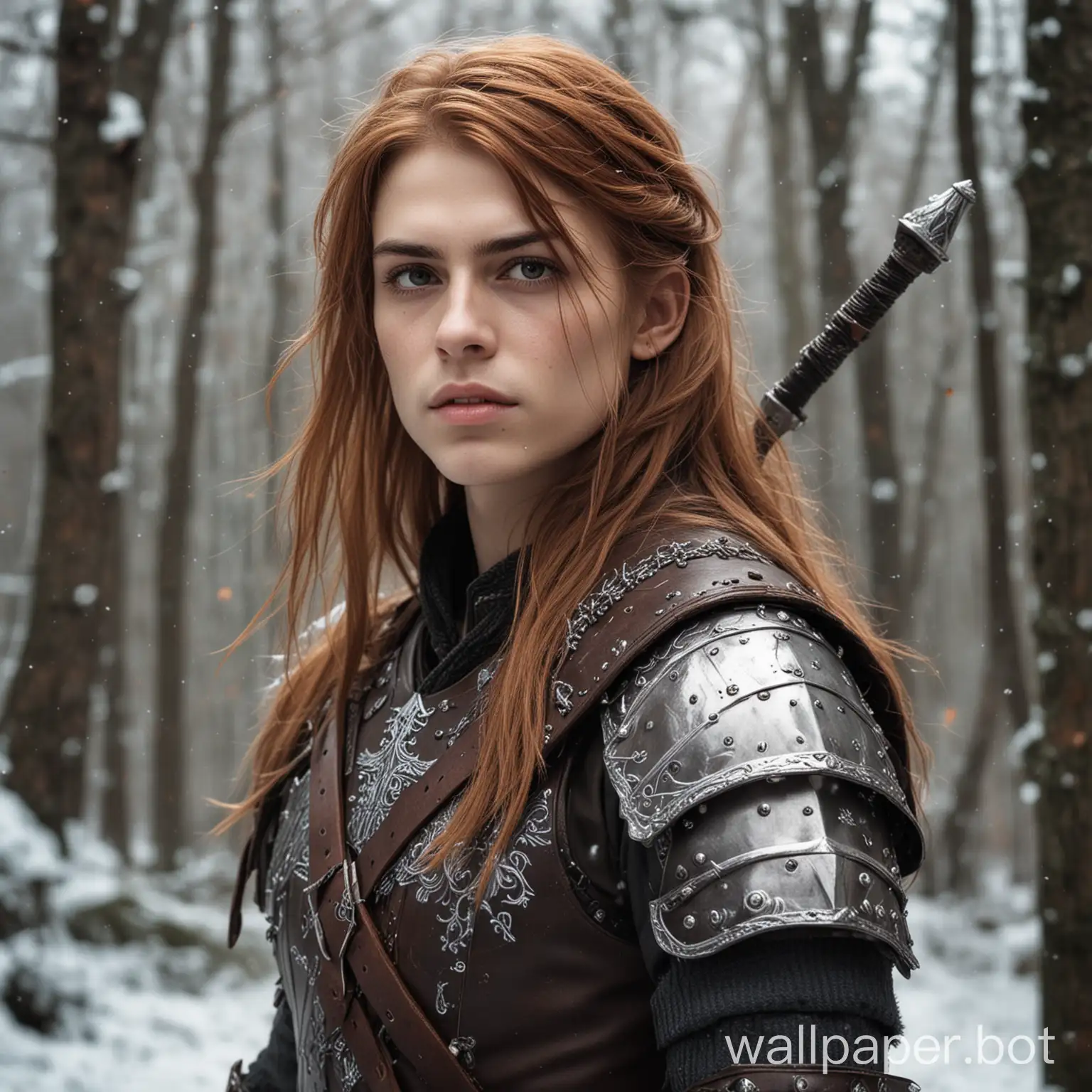 realism. photo. attractive and feminine chestless young man (referred to as 'femboy') of Russian origin with long chestnut hair, wearing armor associated with the character Geralt of Rivia from the Witcher series, with two swords on his back, located in a close-up portrait in the midst of a snowy Irish forest during autumn