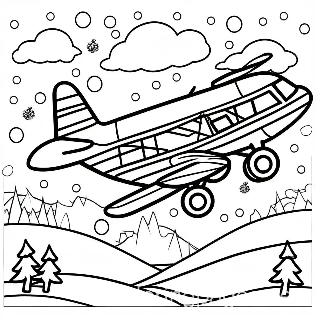 a cute airplane with a winter theme, Coloring Page, black and white, line art, white background, Simplicity, Ample White Space. The background of the coloring page is plain white to make it easy for young children to color within the lines. The outlines of all the subjects are easy to distinguish, making it simple for kids to color without too much difficulty